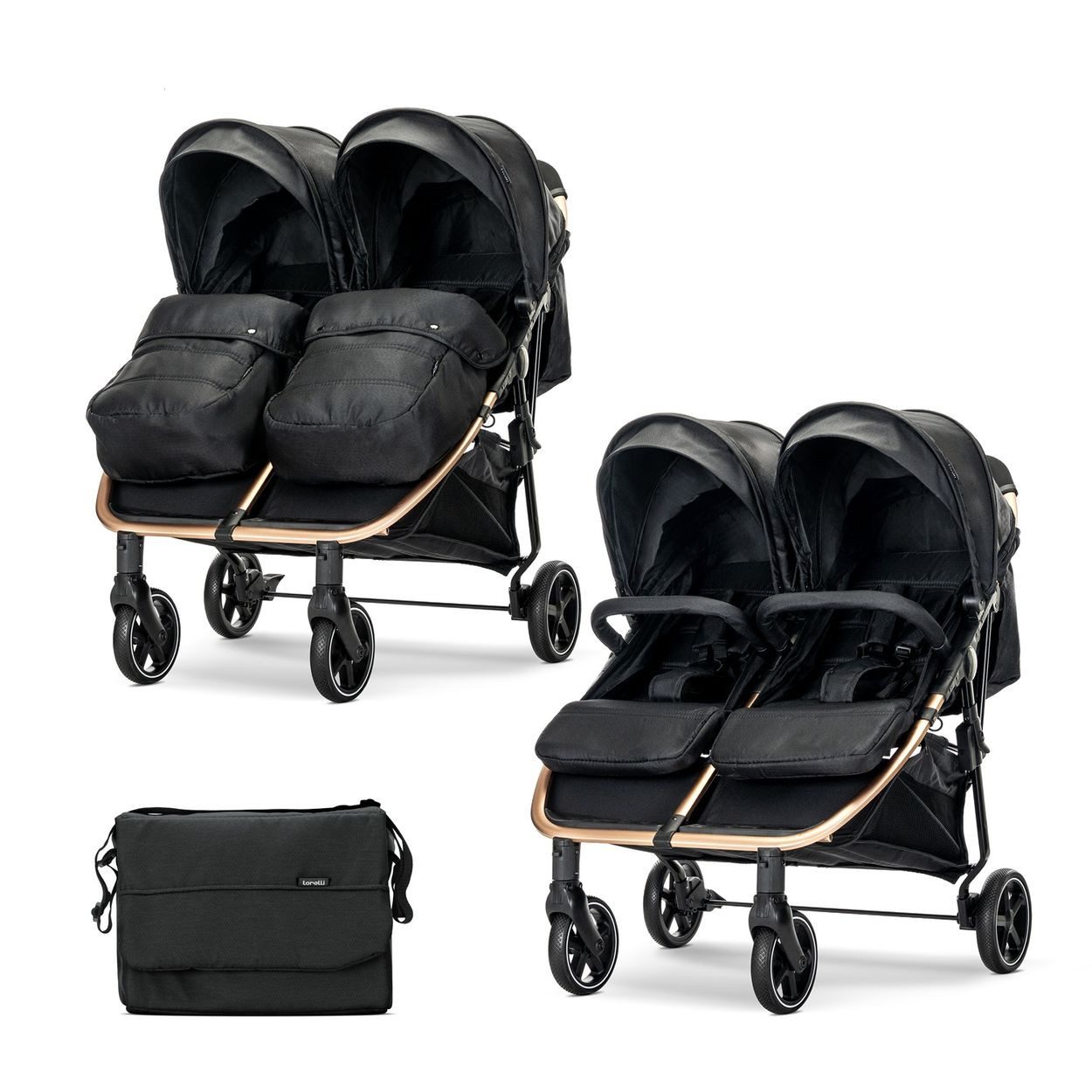 Lorelli Zwillings-Kombikinderwagen Geschwisterkinderwagen Duo, klappbar verstellbar Fußabdeckung Wickeltasche
