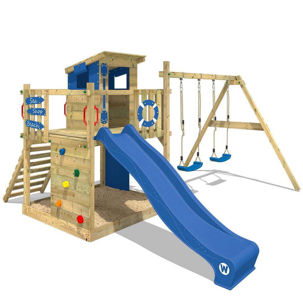 WICKEY Stelzenhaus Spielturm TinyCabin mit Schaukel blauer Rutsche & Plane 