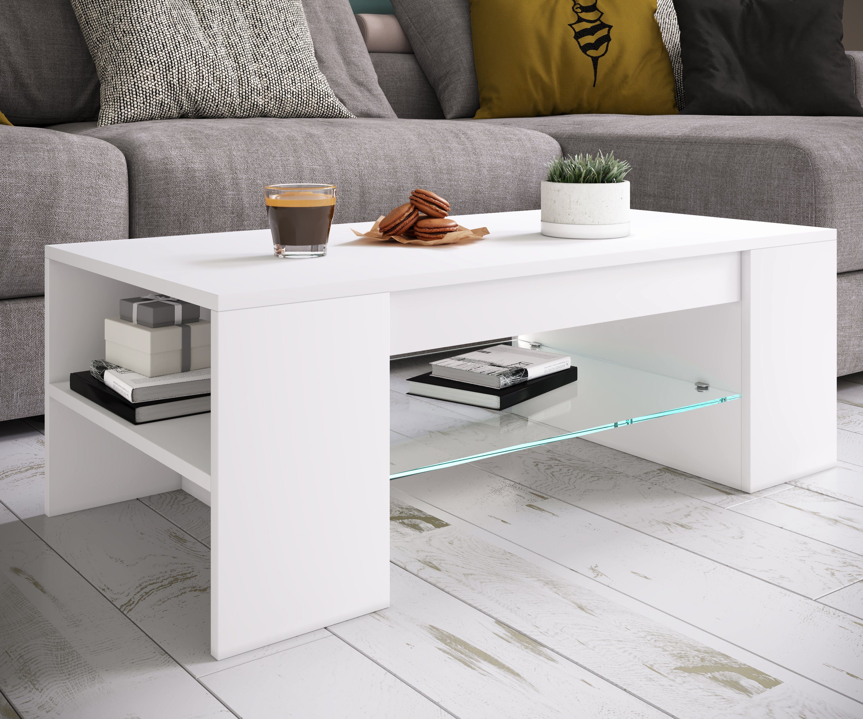 VCM Couchtisch Beistelltisch Wohnzimmer Tunas H. 35 x B. 100 x T., Holz Couchtisch mit ESG-Sicherheitsglas