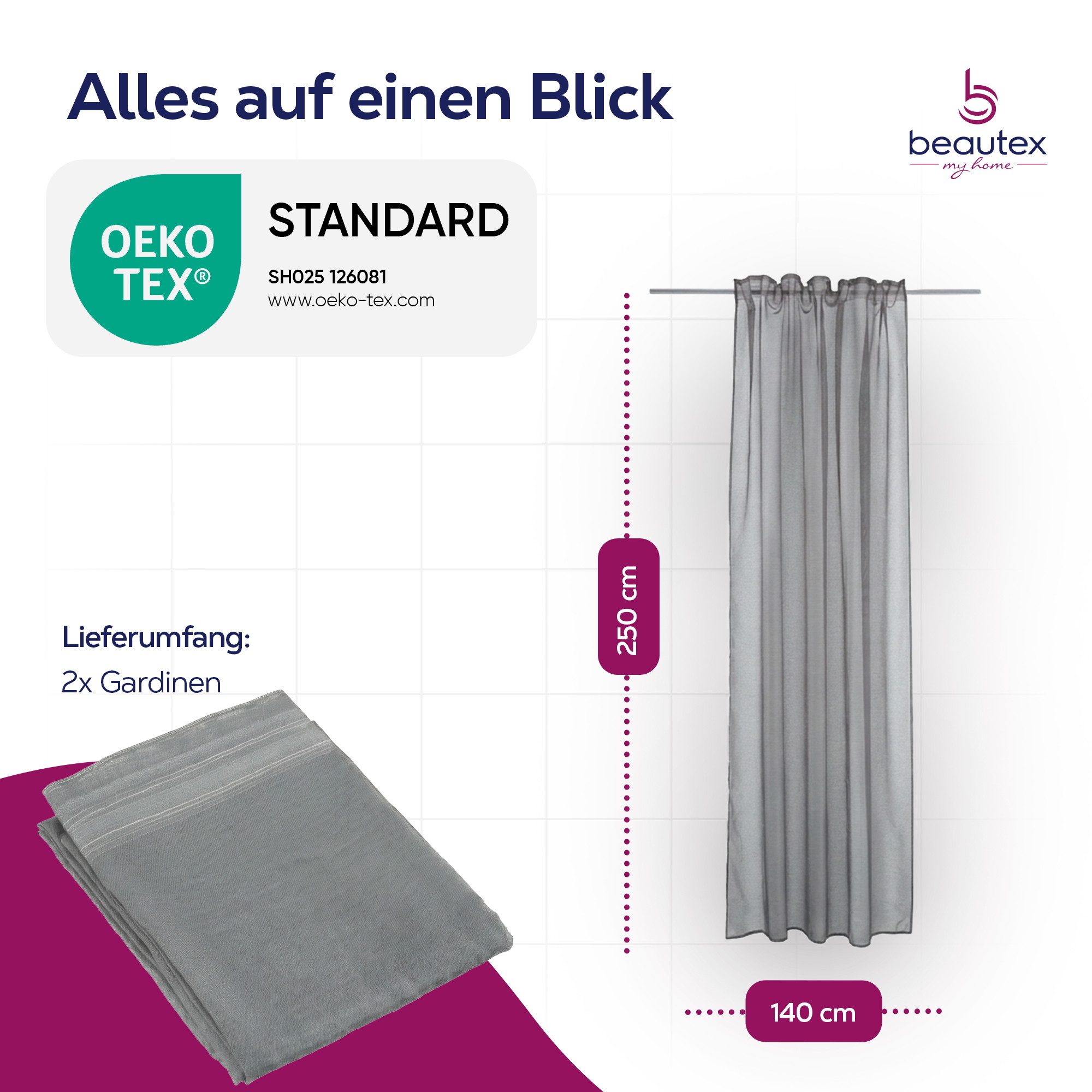 Beautex Gardine transparent Dolly, wählbar mit Kräusel- und Ösen- Aufhängung (2 St), Kräuselband, transparent