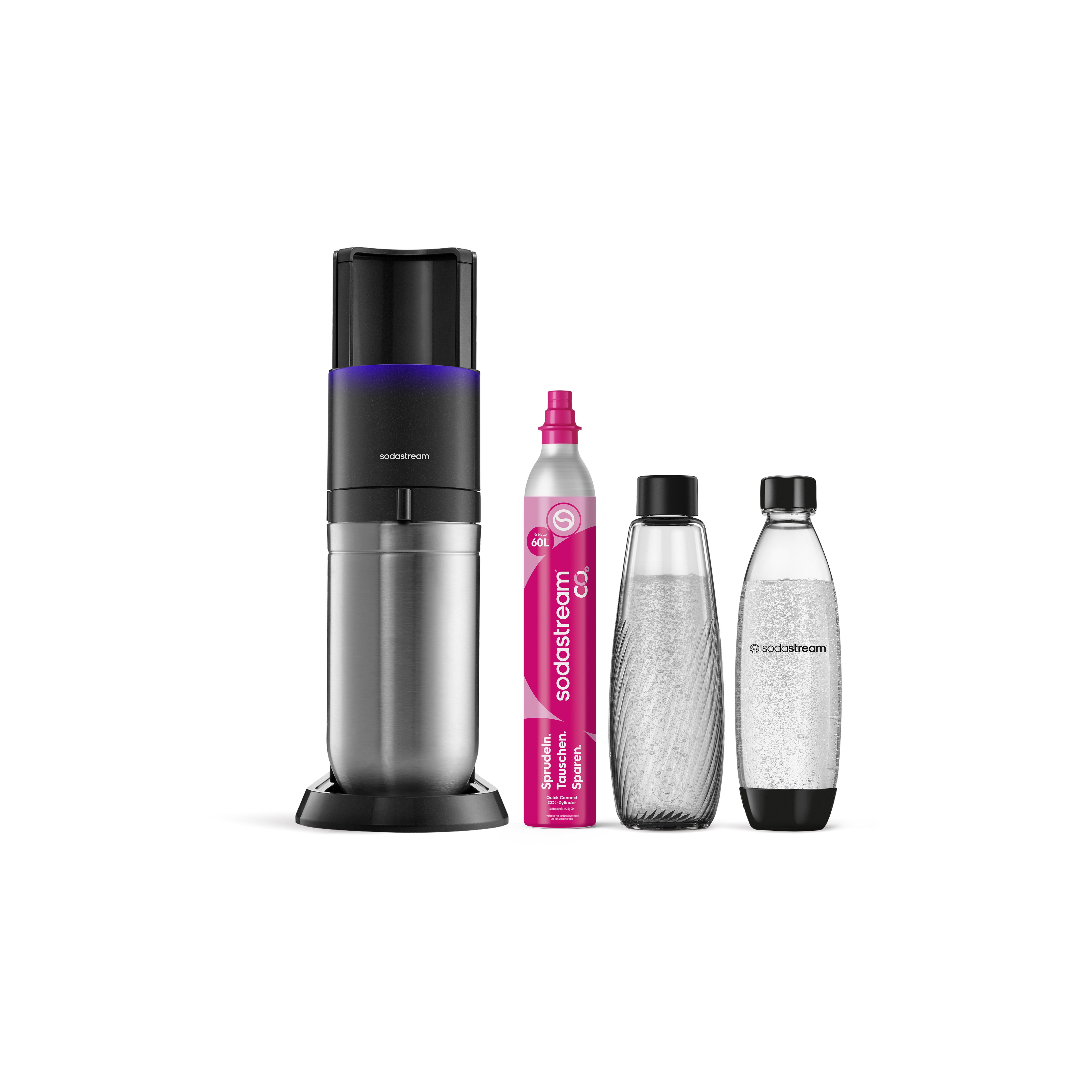 SodaStream Wassersprudler E-DUO Wassersprudler titan, Standard Pack, (Set, 4-tlg), Elektrischer Sprudler, Glas- und Kunststoffflasche enthalten