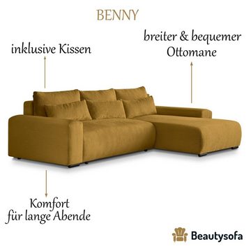 Beautysofa Ecksofa Benny, inkl. Schlaffunktion, Bettkasten, Wellenfedern, stilvoll Polsterecke im modernes Design, L-förmiges Corner Sofa aus Cordstoff