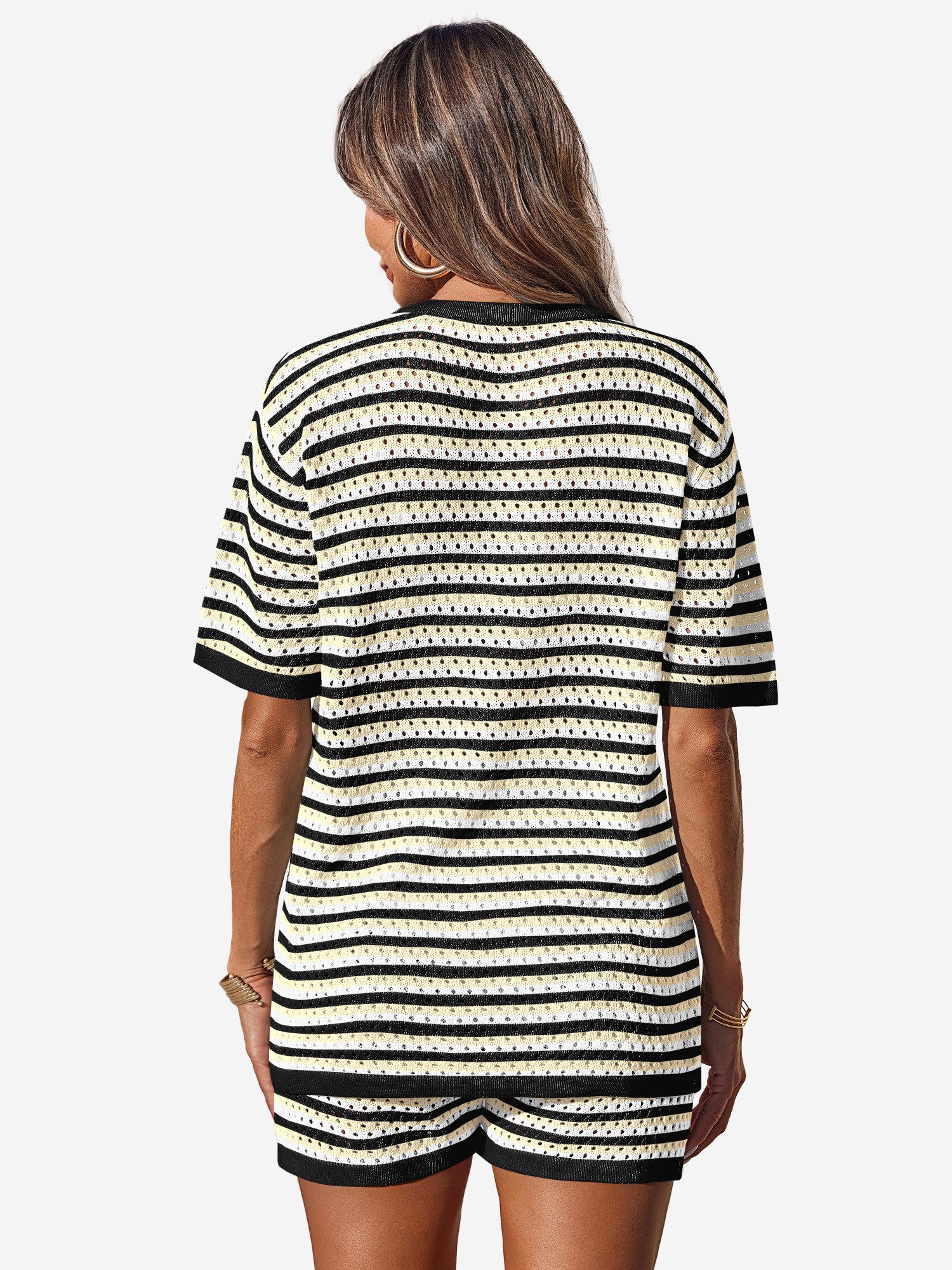 Imily Bela Hausanzug Damen Häkel 2-teiliger Set (Set, 2 tlg., Strick-Shirt + Shorts) gestreiftes