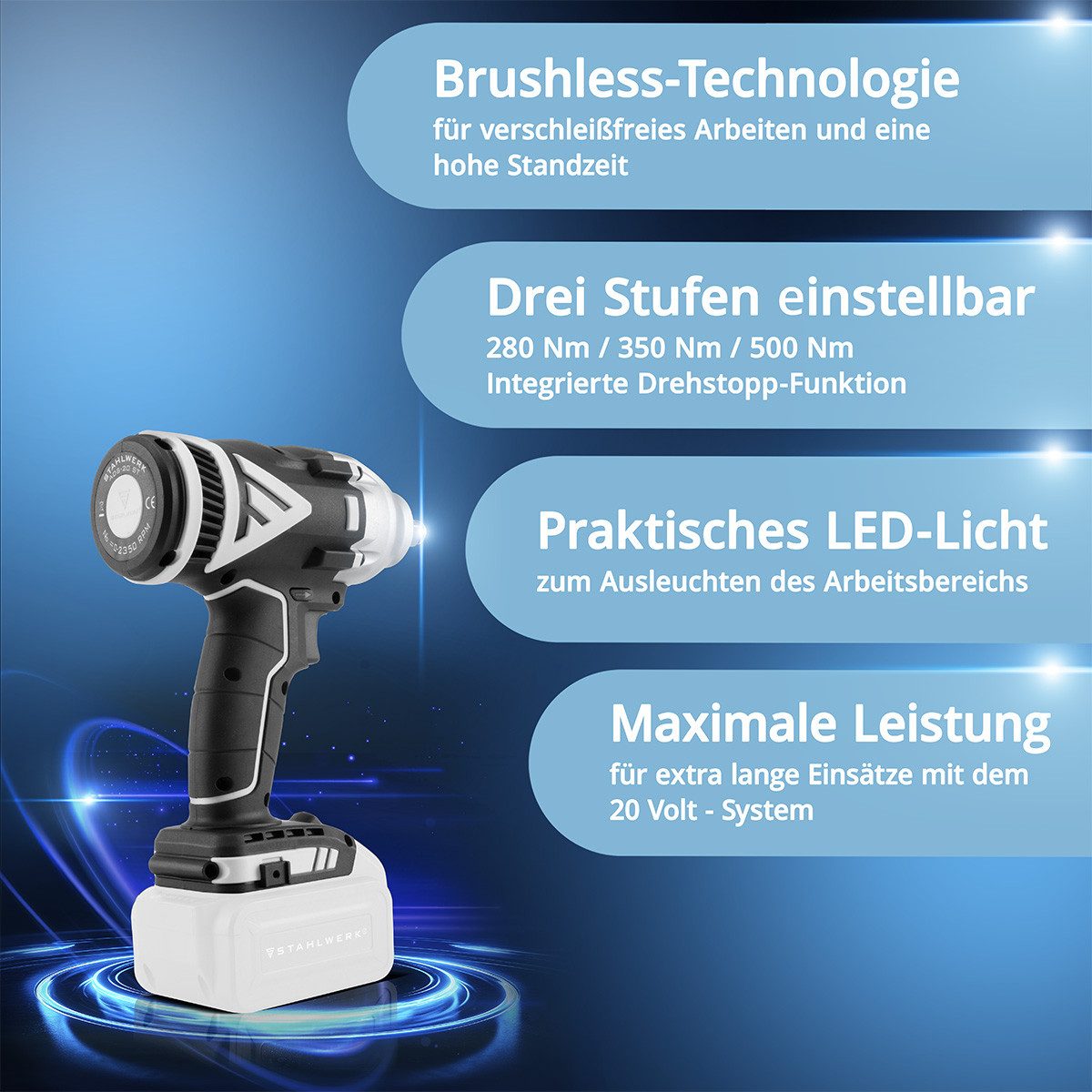 STAHLWERK Akku-Schlagschrauber Brushless Akku Drehschlagschrauber 500 Nm mit 4 Ah Akku 20 V ADS-20 ST, 2350 U/min, 500 Nm, (Set, 2-tlg., Set)