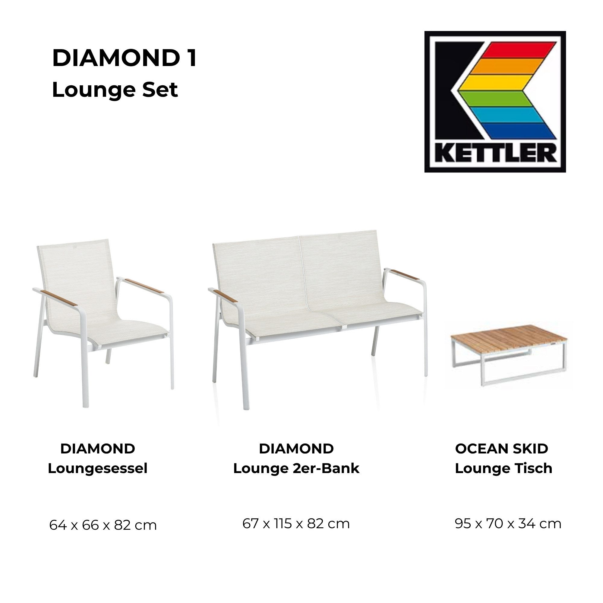 KETTLER Garten-Essgruppe Kettler Lounge Set Diamond 2 Sessel 1 Bank 1 Loungetisch Weiß