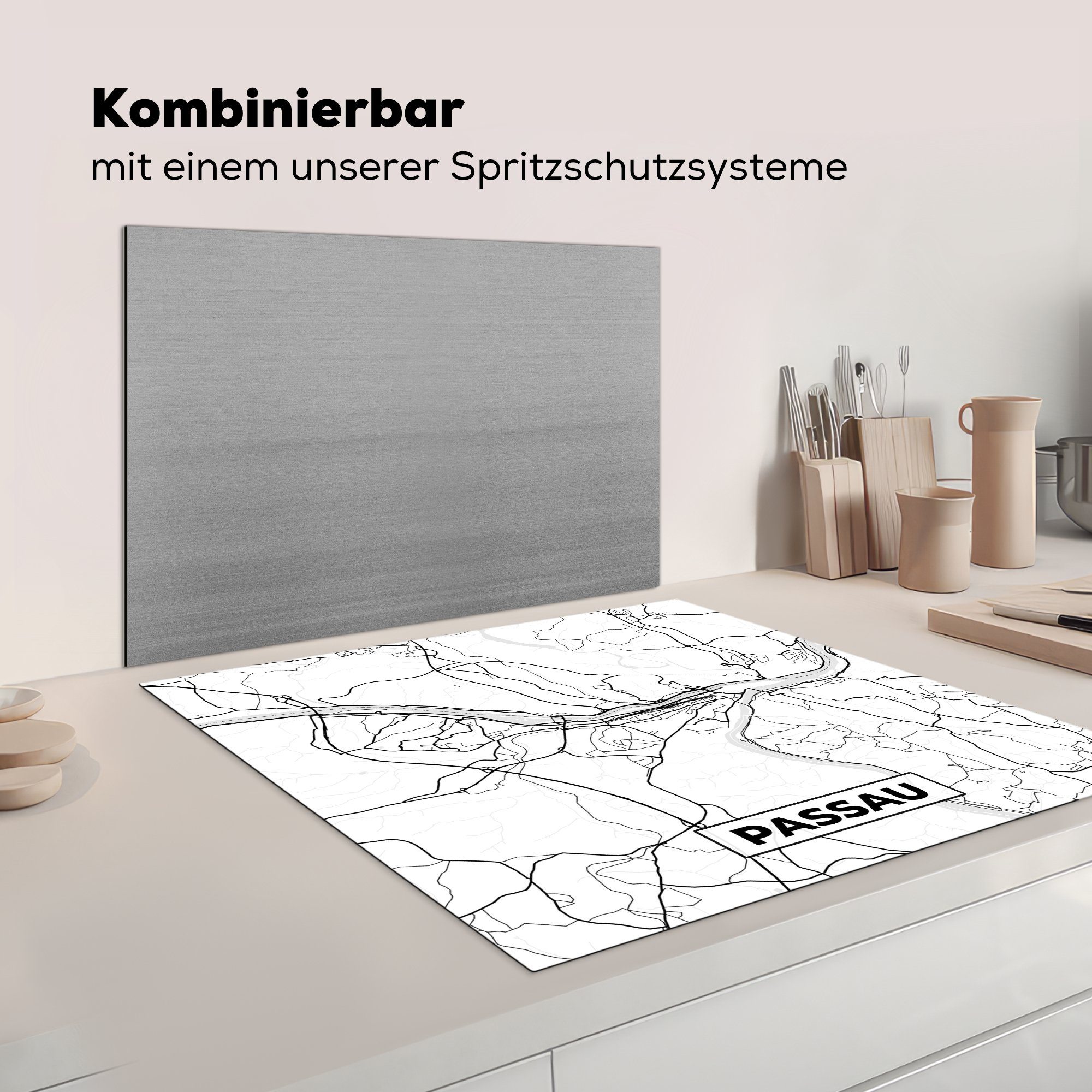 Stadtplan, - 78x78 Ceranfeldabdeckung, Arbeitsplatte für Herdblende-/Abdeckplatte MuchoWow Vinyl, tlg), - (1 Karte küche cm, Passau