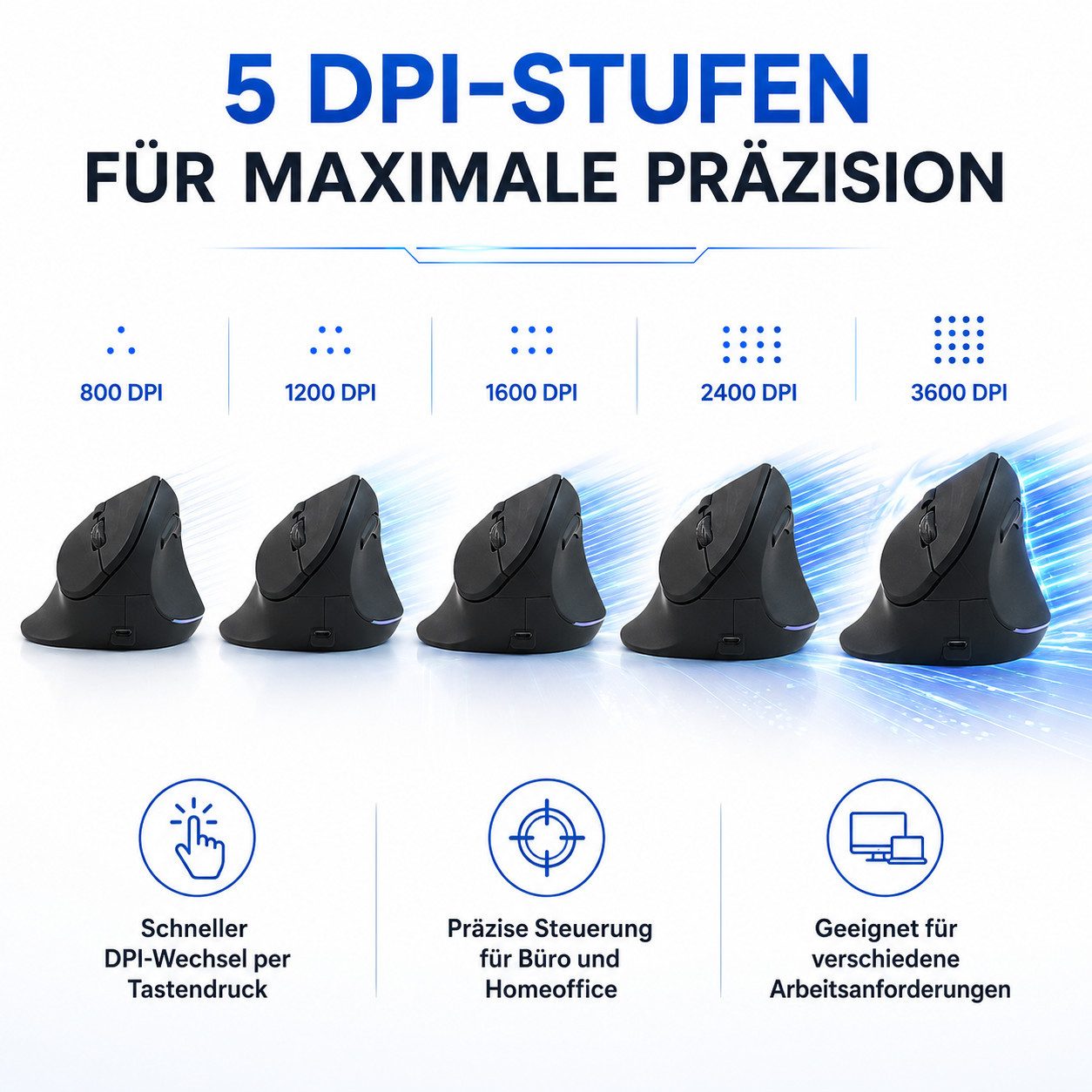 Vornix Kabellose Bluetooth Vertikale Maus 2.4G mit RGB Beleuchtung Mäuse (6 Tasten Ergonomische Maus, 4-Wege-Scrollrad, 800-3600 DPI für Büro) – Bild 3 von 5