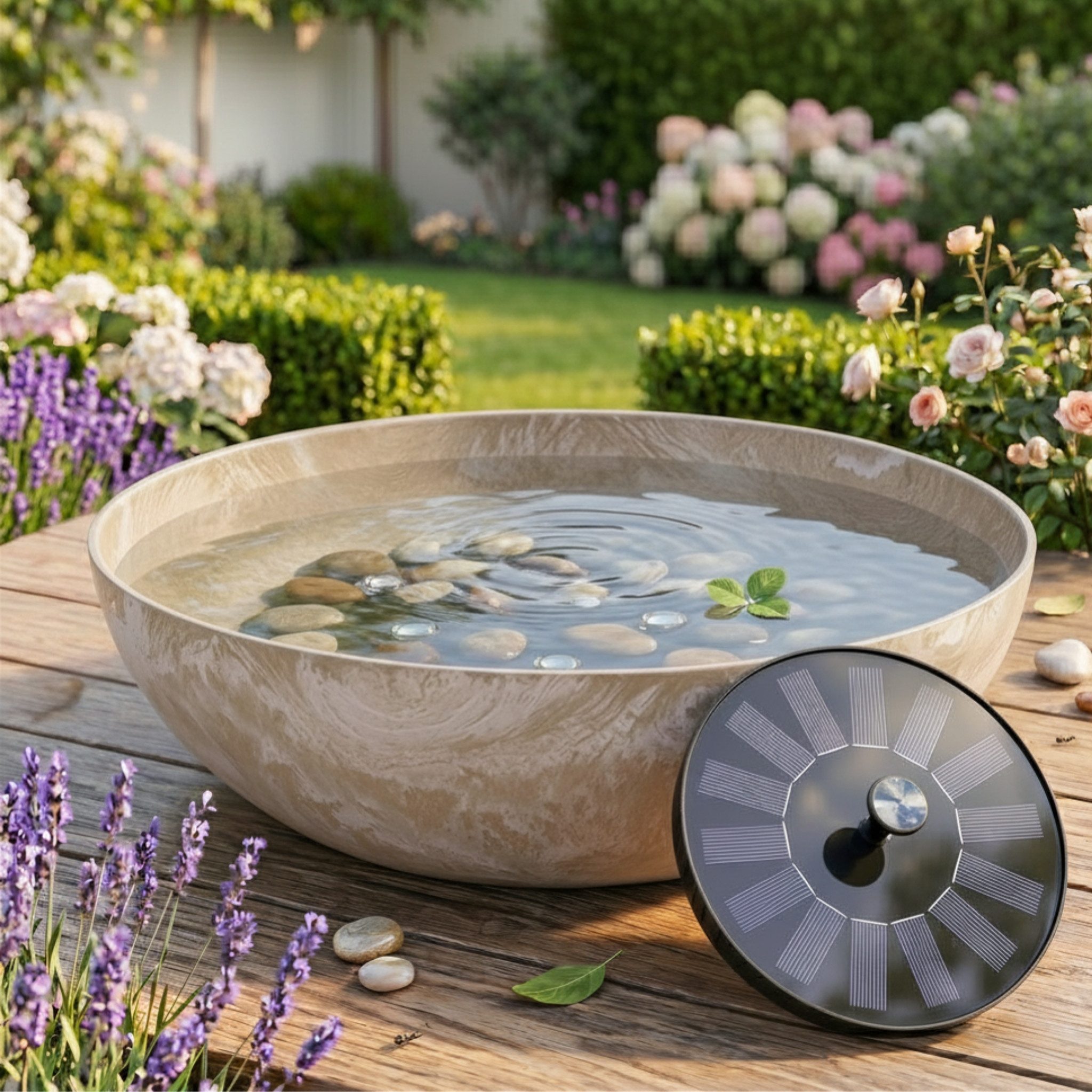 matches21 HOME & HOBBY Wasserspiel Solar Brunnen Set inkl. Akku - 45 cm bauchige Schale in sand, (2 tlg), Solar Springbrunnen und Brunnenschale als Gartendeko
