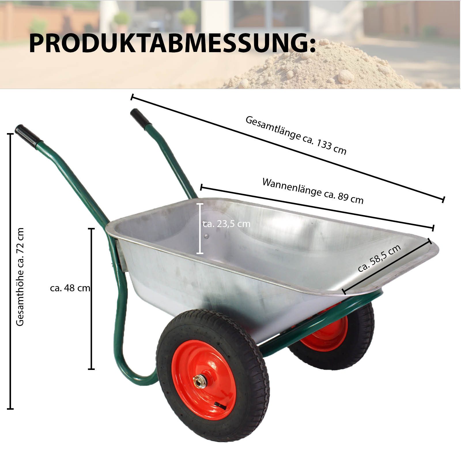 TRUTZHOLM Schubkarre 2-Rad 100 L160kg Tragkraft verzinkter Stahl Luftrad auf Stahlfelge, Hervorragende Stabilität,Rutschfeste Griffe
