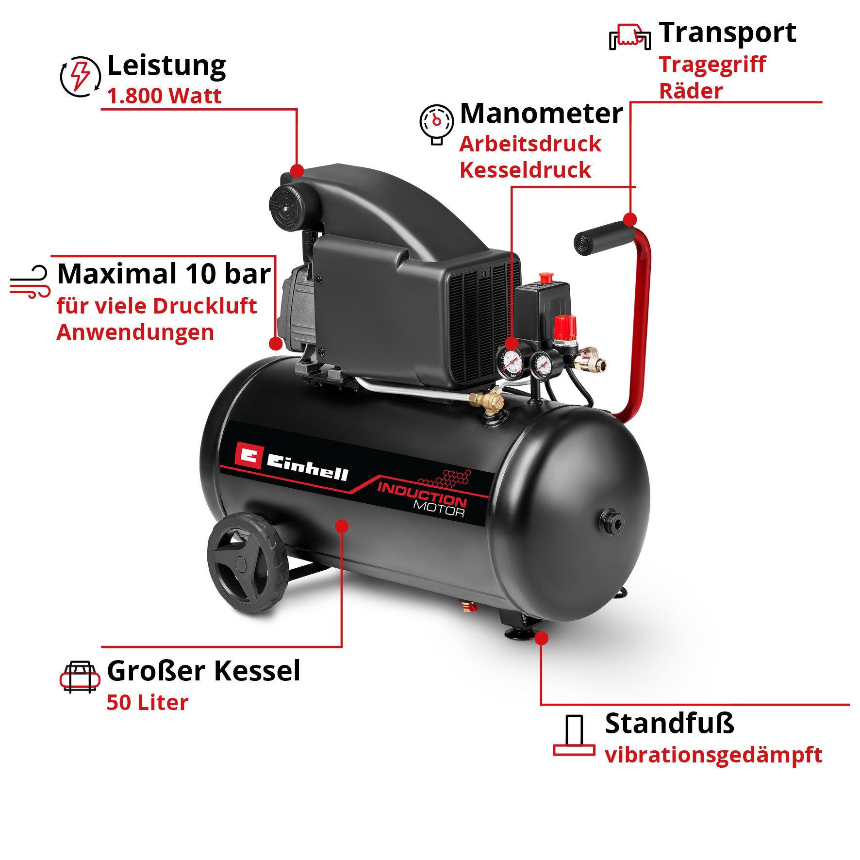 Einhell Kompressor TC-AC 190/24/8 I OF, 1800 W, max. 10 bar, 50 l