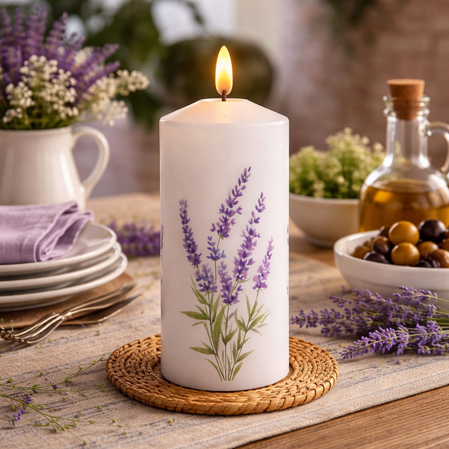 MARELIDA LED-Kerze LED Kerze mit Lavendel Motiv Echtwachskerze 7x18,5cm Batterie Timer, LED Classic, warmweiß (2100K bis 3000K)