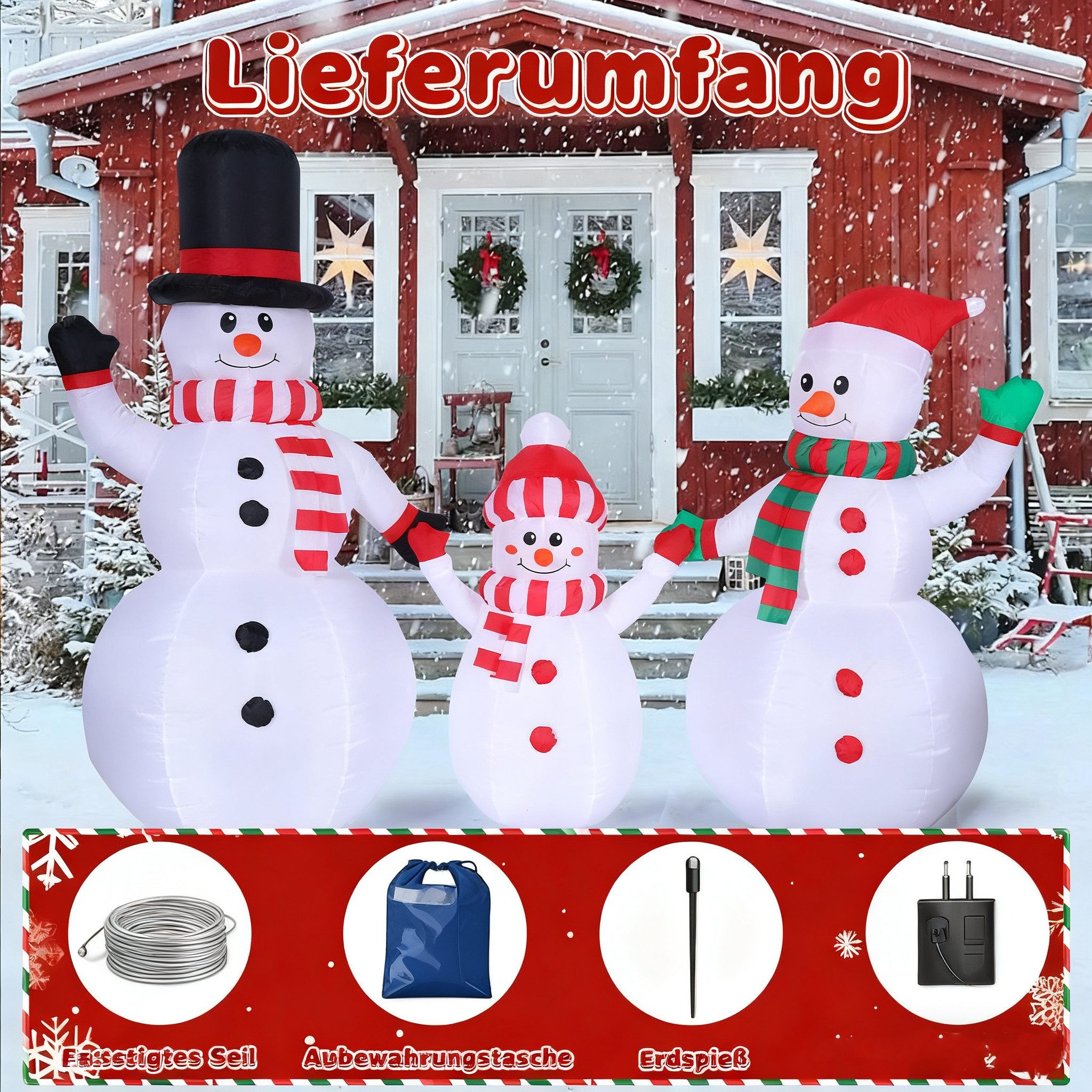 Elegear LED-Dekofigur Weihnachts-Schneemann aufblasbar, Perfekte Dekoration für Hof&Terrasse, 2,44m große Schneemann-Familie mit 6 LEDs, langlebigem Material