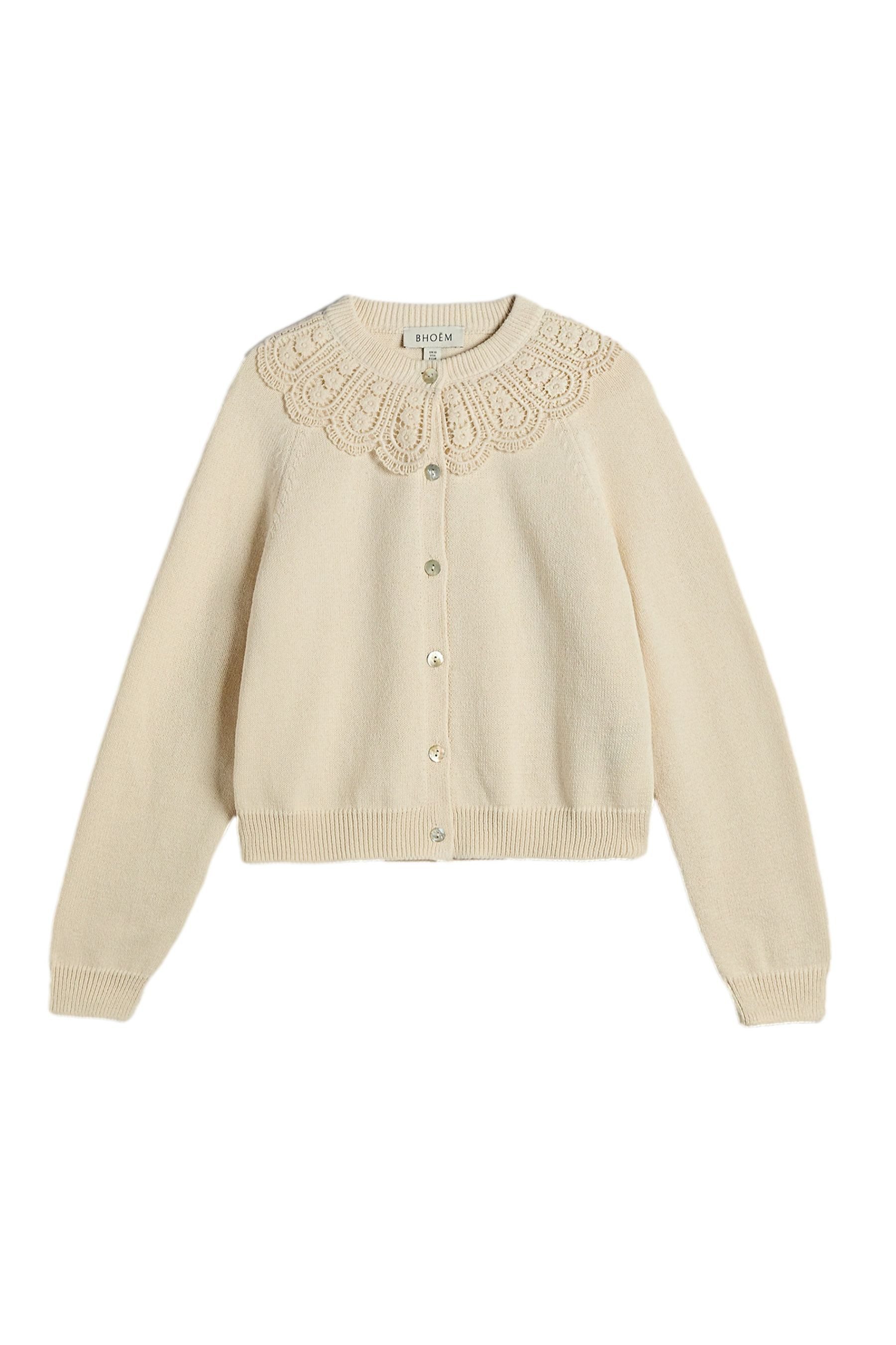 Bhoem Strickjacke BHOEM Strickjacke mit Häkelkragen, beige (1-tlg)