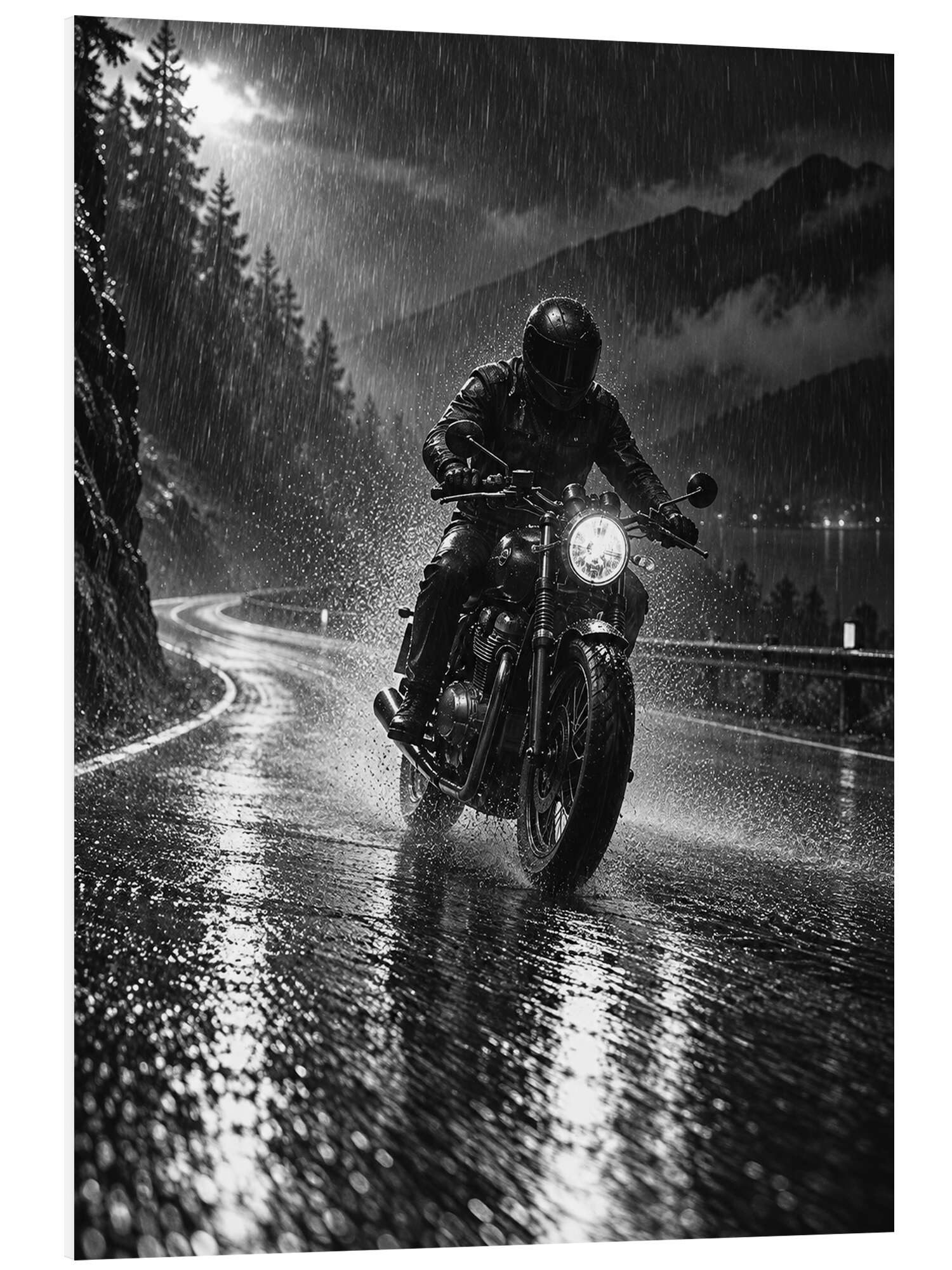 Posterlounge Wandbild Regenfahrt auf einem Motorrad, Iconic Photo Collection, erhältlich als Poster, Leinwandbild, Wandsticker oder Acrylglasbild