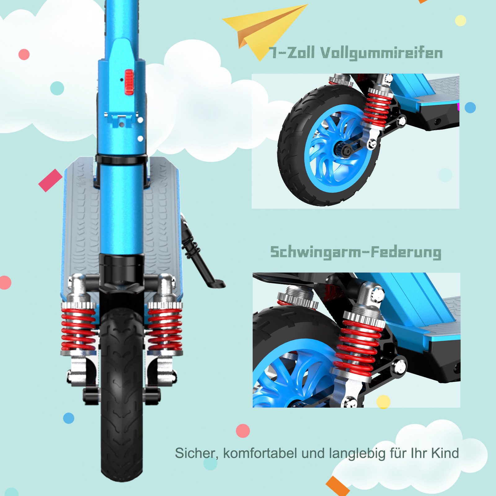RCB Elektro-Kinderroller R12 MAX,Vorderradfederung,7''Vollgummireifen,höhenverstellbar 96-110cm, Belastbarkeit 60 kg, Schwingarm-Federung,Faltmechanismus mit zwei Sicherheitsverriegelungen