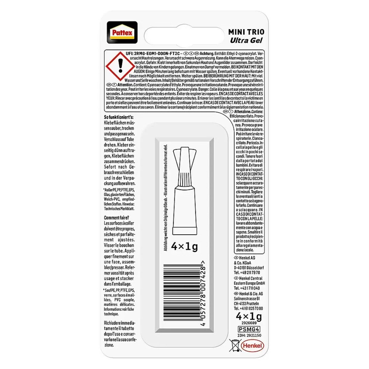 Pattex Sekundenkleber Mini Trio Ultra Gel 4x 1 g Gelkleber transparent, (4-tlg)