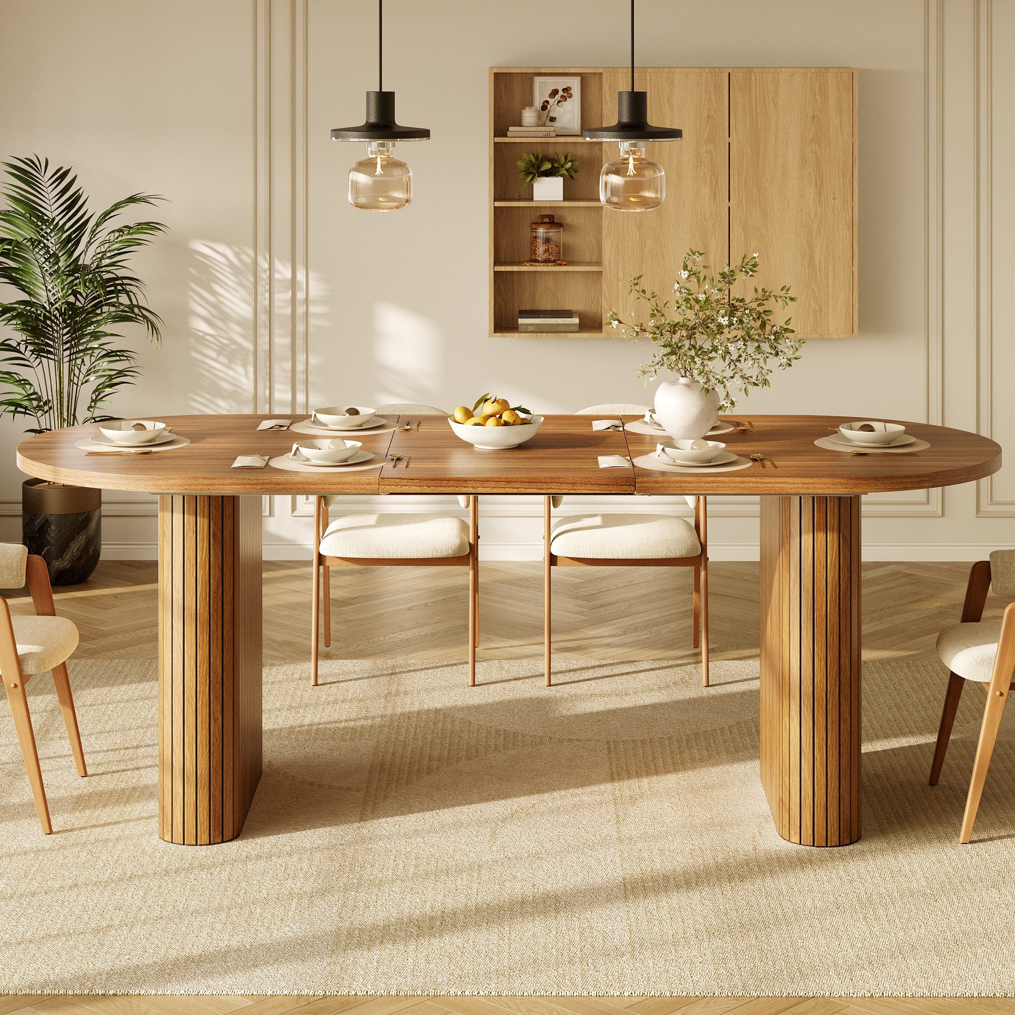 i@home Esstisch Ausziehbarer Esstisch 120-160cm, ovaler Holztisch mit vertikaler Struktur, belastbar bis 60kg, 3 Farben
