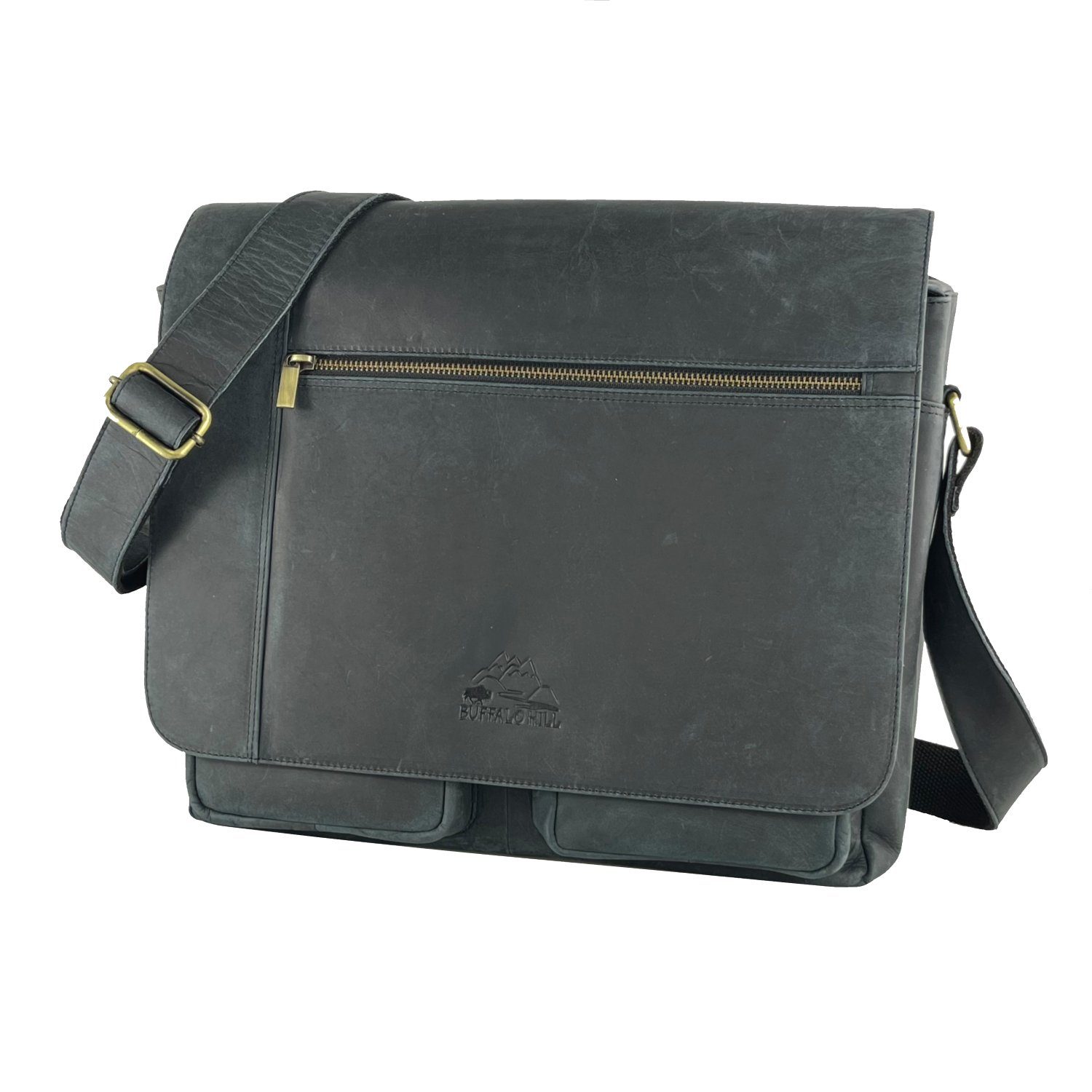 Buffalo Hill Aktentasche >2474< elegante Laptoptasche aus reinem Büffelleder, Organizer, Herren Umhängetasche in grau