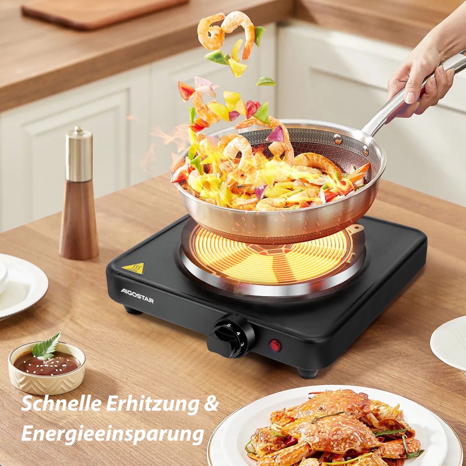 Aigostar Elektro-Kochfeld 1500 W Kochplatte, mit 5-stufig einstellbarem Thermostat, Überhitzungsschutz, mit 5-stufig einstellbarem Thermostat, Überhitzungsschutz