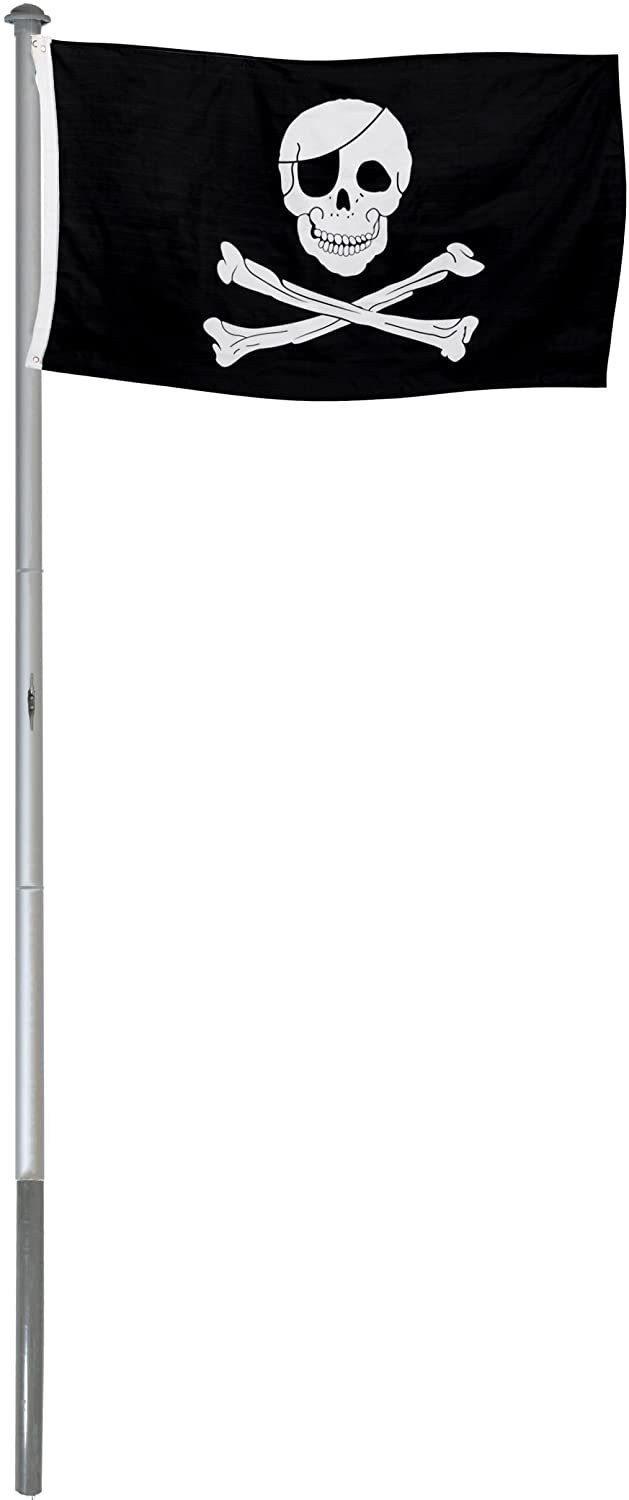 BRUBAKER Fahne Aluminium Прапориmast inkl. Piratenflagge 150 x 90 cm (Set, All-In-One Прапориmast-Set), Flaggenmast mit Bodenhülse und Piratenfahne für Camping - Deko Piraten