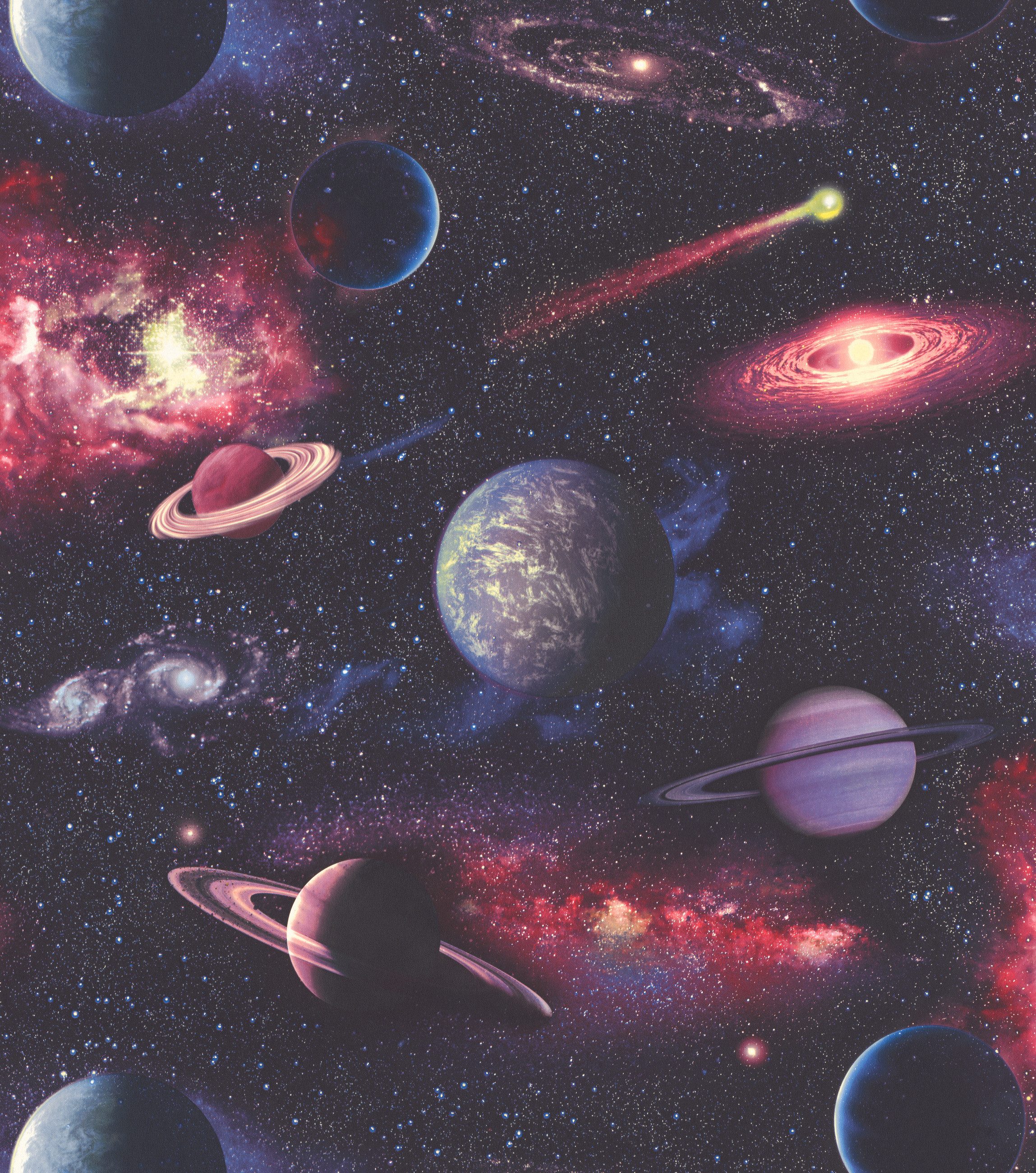 Rasch Vliestapete Weltall mit Sternen & Planeten in Schwarz Blau, bedruckt, (1 Rolle, 1 St., 10,05 m x 0,53 m), Lichtbeständige Farben - Feucht abwischbar - Restlost abziehbar