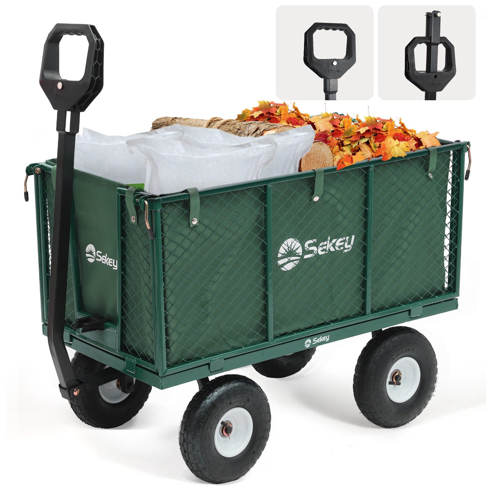 Sekey Тележки Gartenwagen Gerätewagen Garten Plattformwagen mit Vollgummi-Luftreifen, 200 Liter – ECHT 500 KG Schubkarre mit herausnehmbare Plane