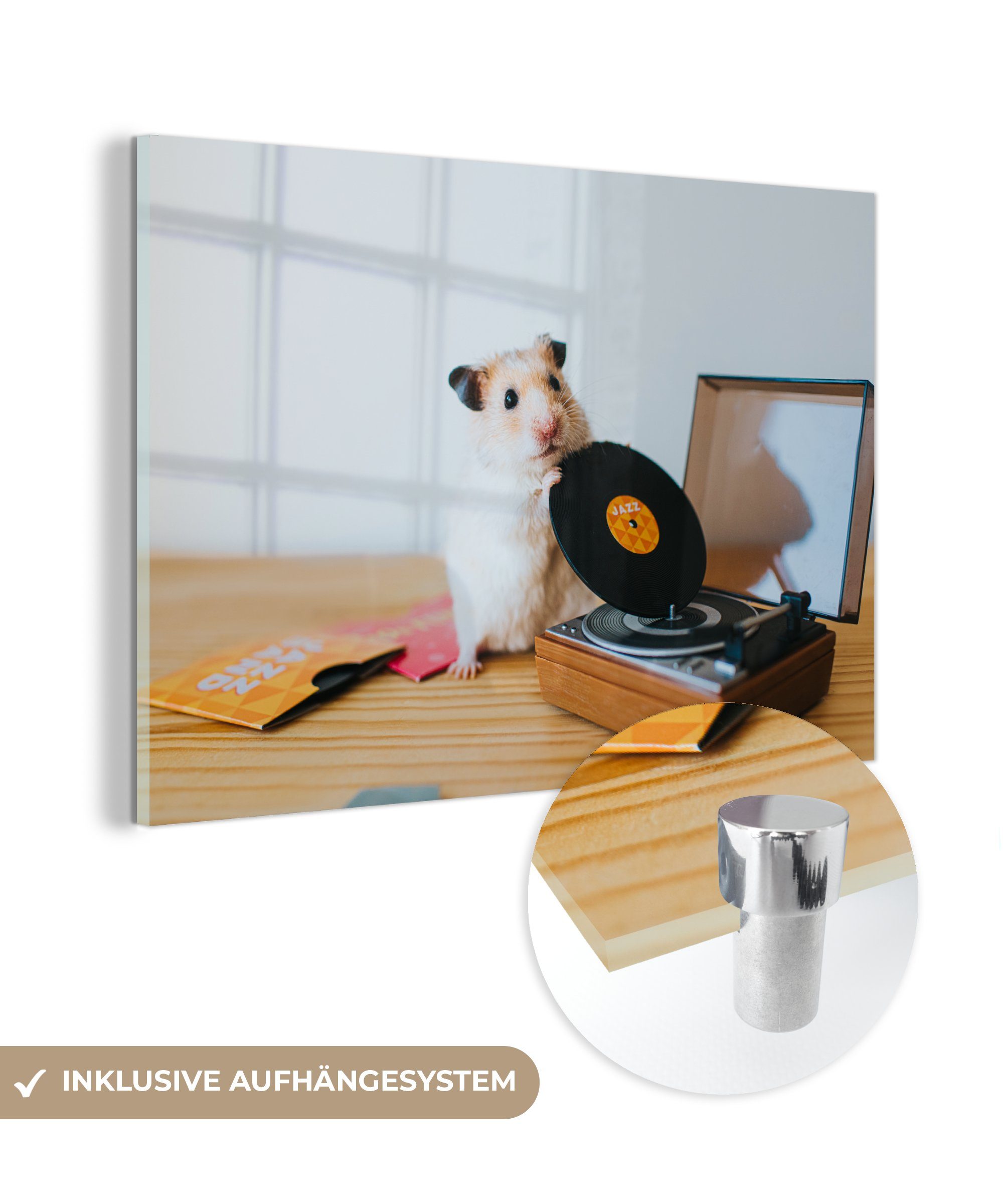 MuchoWow Acrylglasbild Hamster - Plattenspieler - Musik, (1 St), Acrylglasbilder Wohnzimmer & Schlafzimmer