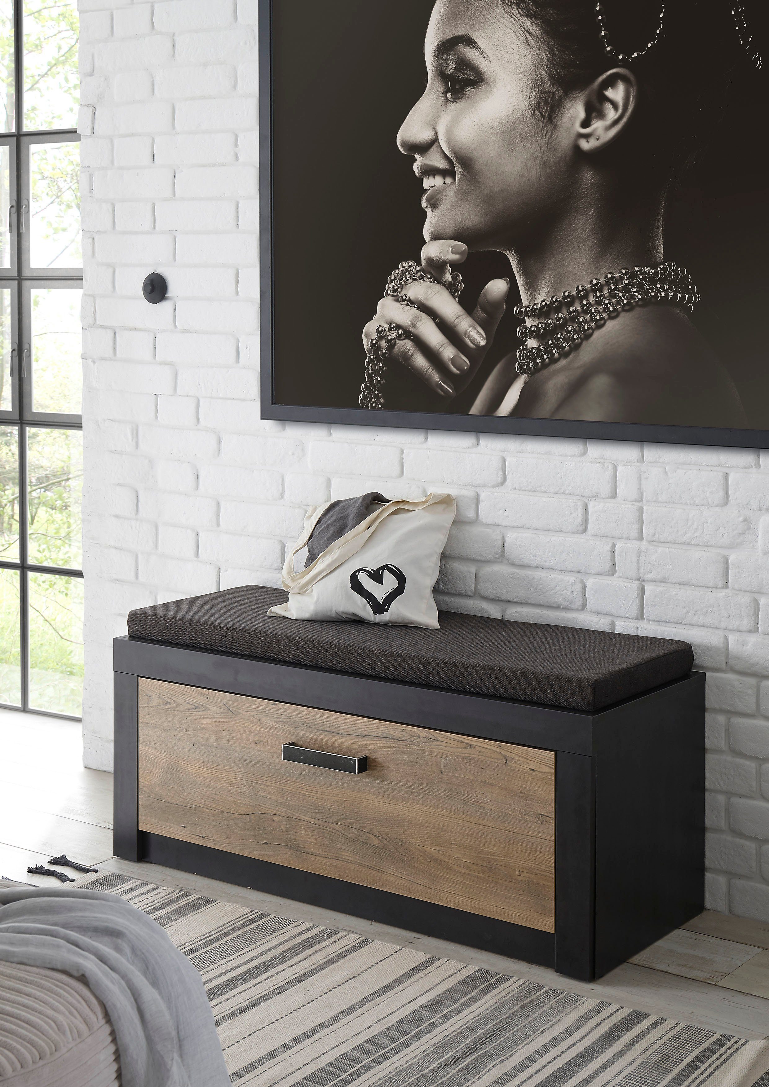 Home affaire Schuhbank Brügge, Garderobenbank mit Klappe und Sitzkissen, moderne Sitzbank, viel Stauraum, Platz für ca. 8 Paar Schuhe, 107 cm breit