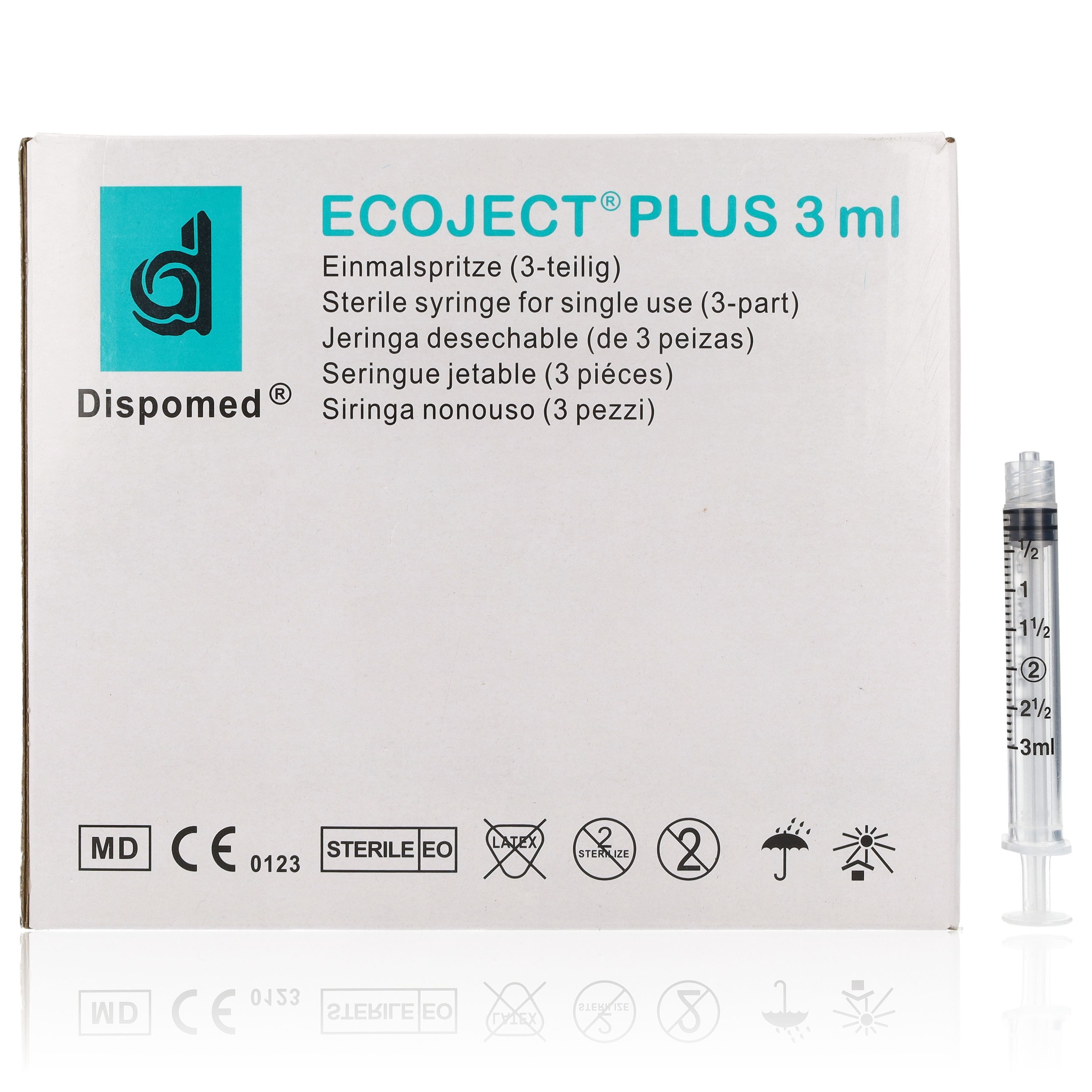 Dispomed Einwegspritze ECOJECT Plus 3-tlg Einmal-Spritzen 3ml 100 Stück, (Großpackung, 100-St., Luer-Lock Anschluss), für medizinische und nicht-medizinische Verwendung