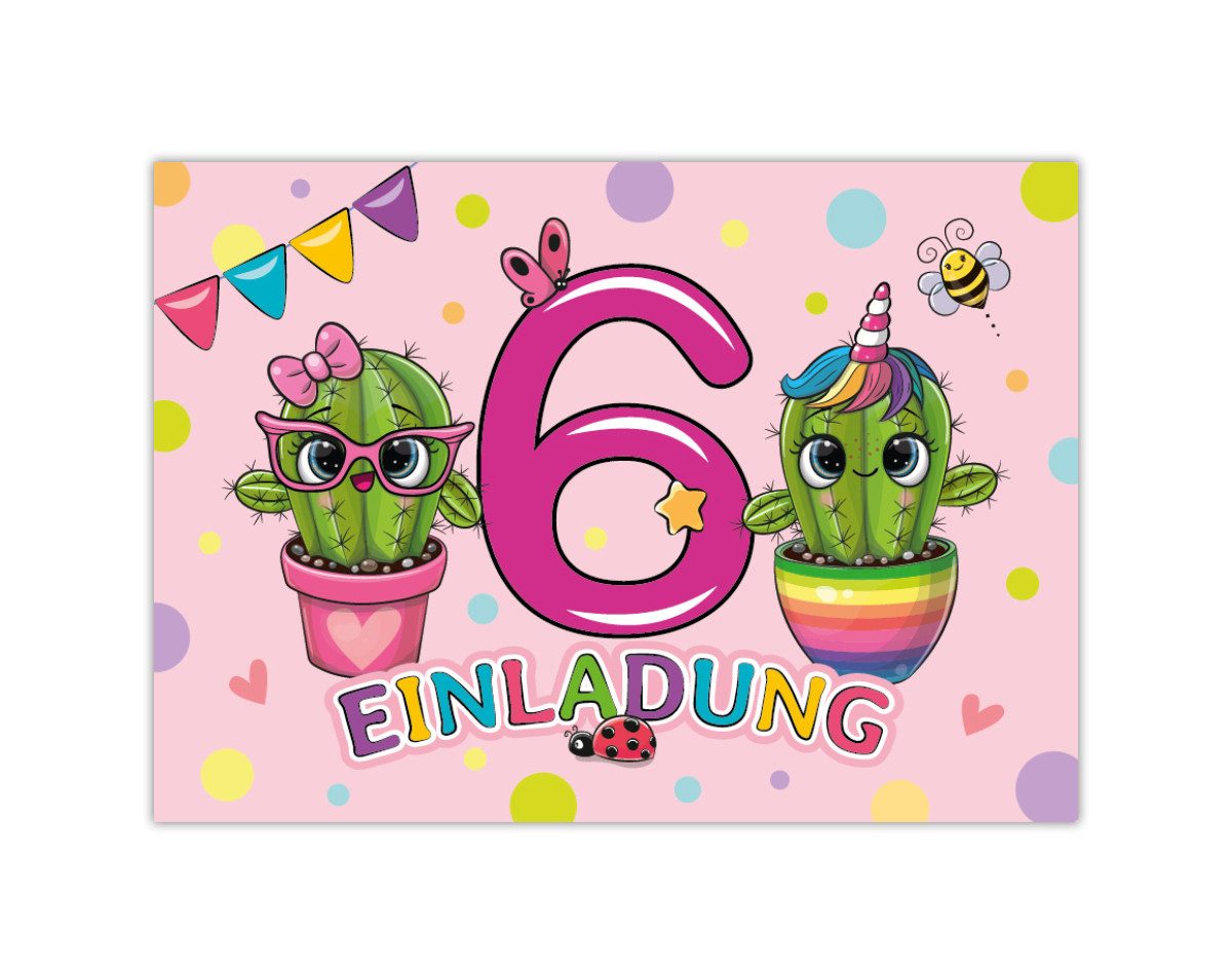 JUNAPACK Einladungskarten Kaktus Einladungen zum 6. Kindergeburtstag Blumen Karten Mädchen, Einladungskarten mit einem Kaktus Motiv für Kinder