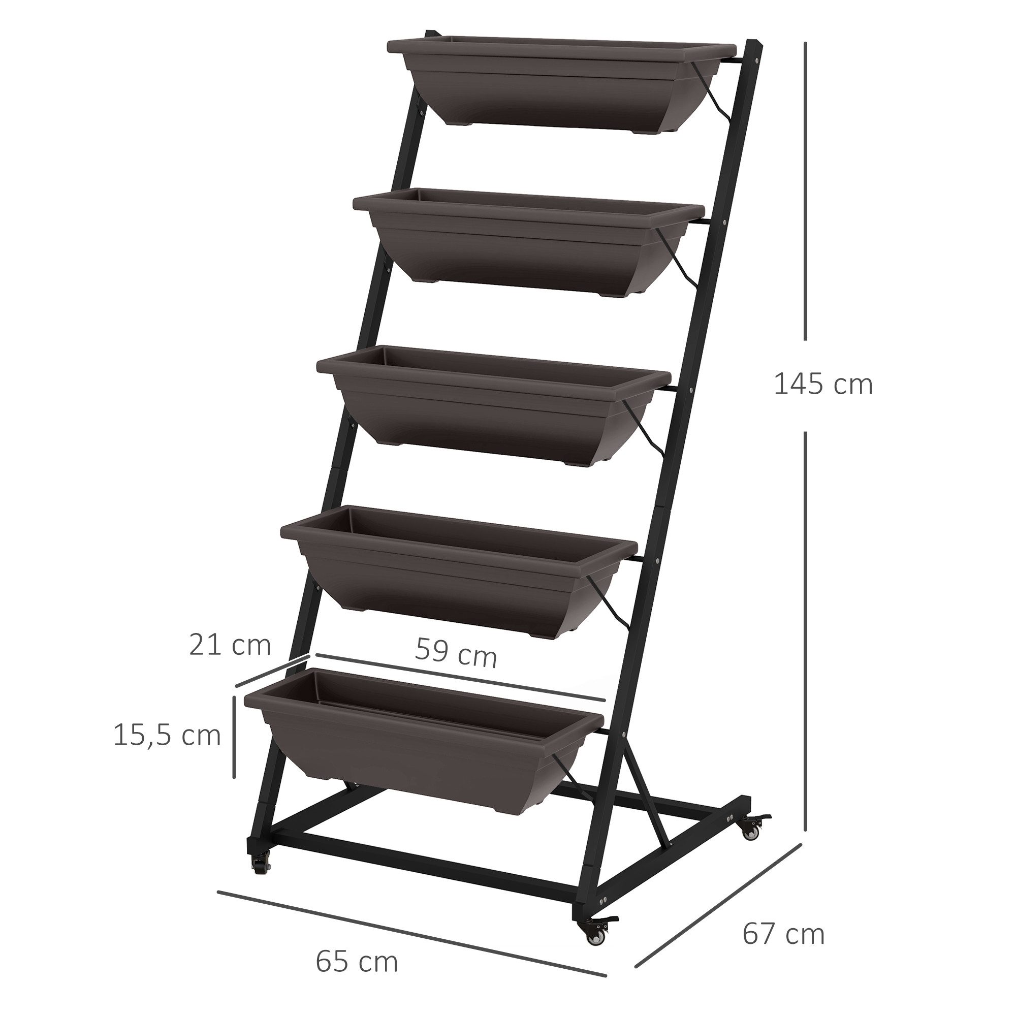 Outsunny Pflanzentreppe mit Rollen Töpfe (145 cm hoch Blumenständer, 1 St., 5-Etagen Pflanzenständer), für Garten Balkon, Braun