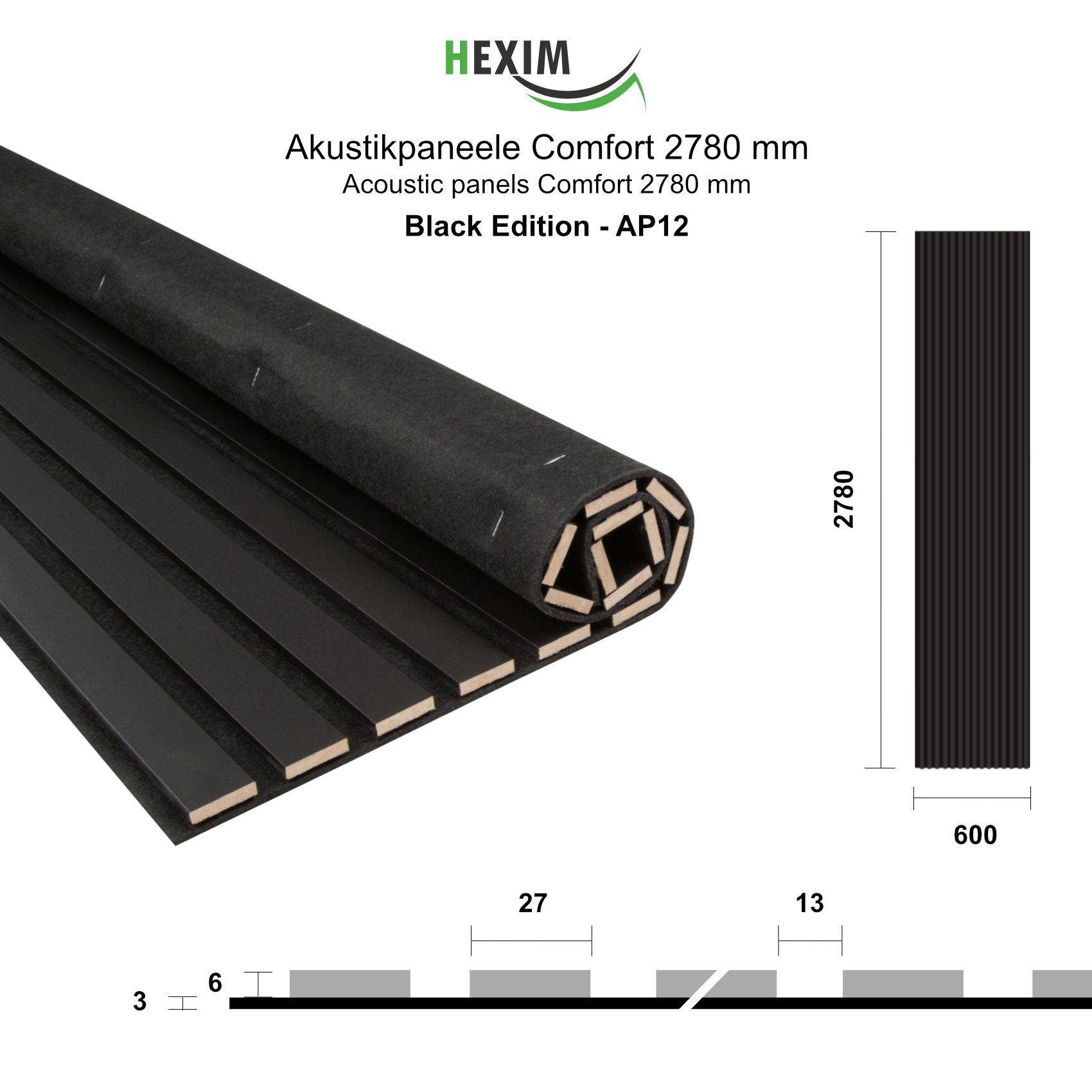 Hexim Wanddekoobjekt AP12 (Akustikpaneele 278x60cm Holz Comfort - flexible Holzpaneele Platten Lamellenwand MDF Wandpaneele Lamellenverkleidung Wandverkleidung schalldämmend 1.67m² Black Edition)