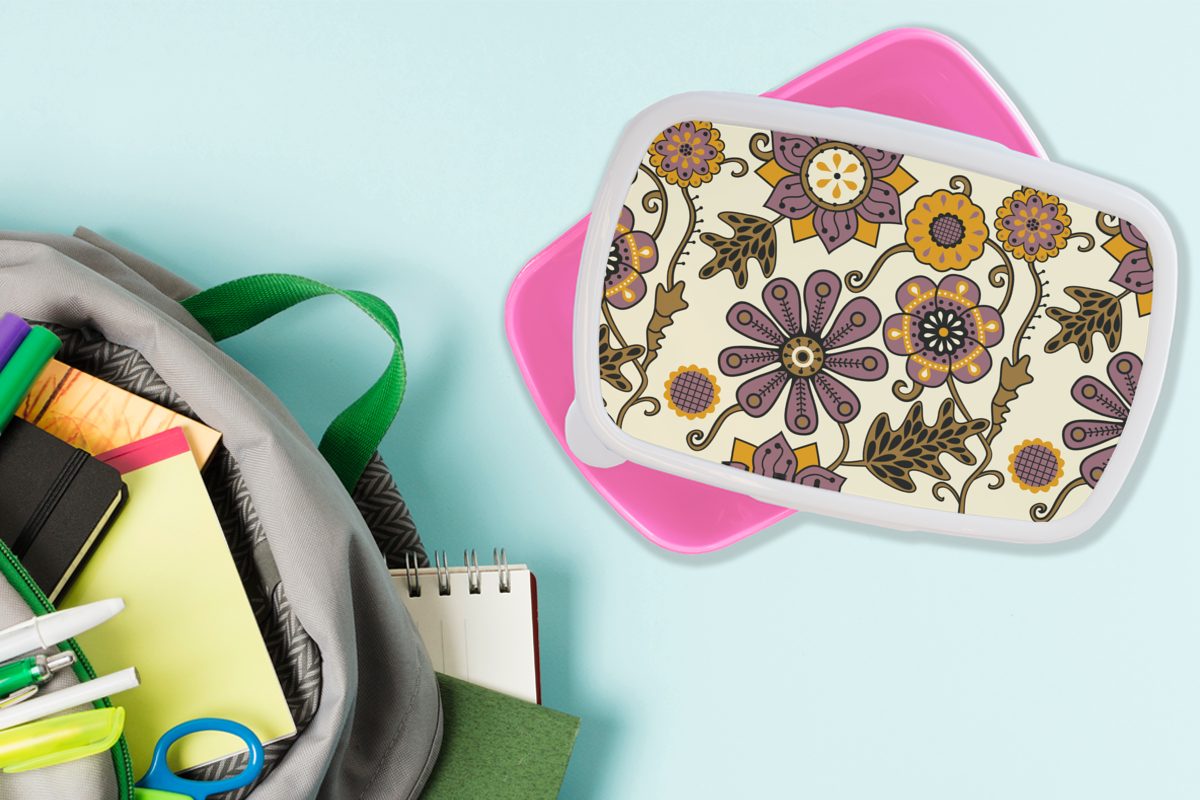 für Cartoon, - Blumen Mädchen, MuchoWow Erwachsene, Kinder, (2-tlg), Lunchbox - Vintage Kunststoff Snackbox, Kunststoff, - rosa Brotbox Bohème Brotdose
