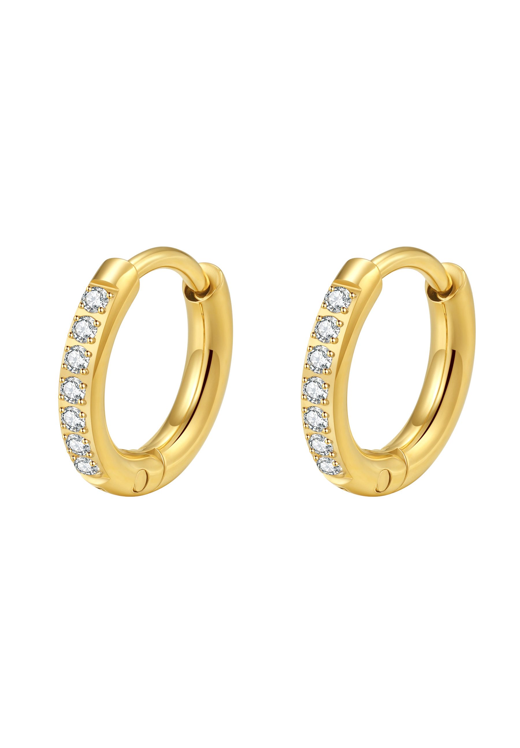 Hey Happiness Paar Creolen Damen Zirkonia, Edelstahl Ohrringe Klein Mittel 18K vergoldet, Klappcreolen in Gold Kristalle rund, wasserfest