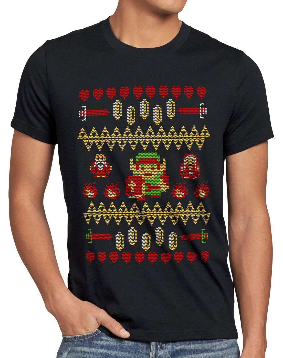 style3 Print-Shirt Herren T-Shirt Link Ugly Christmas Sweater strick pulli weihnachten zelda xmas schwarz