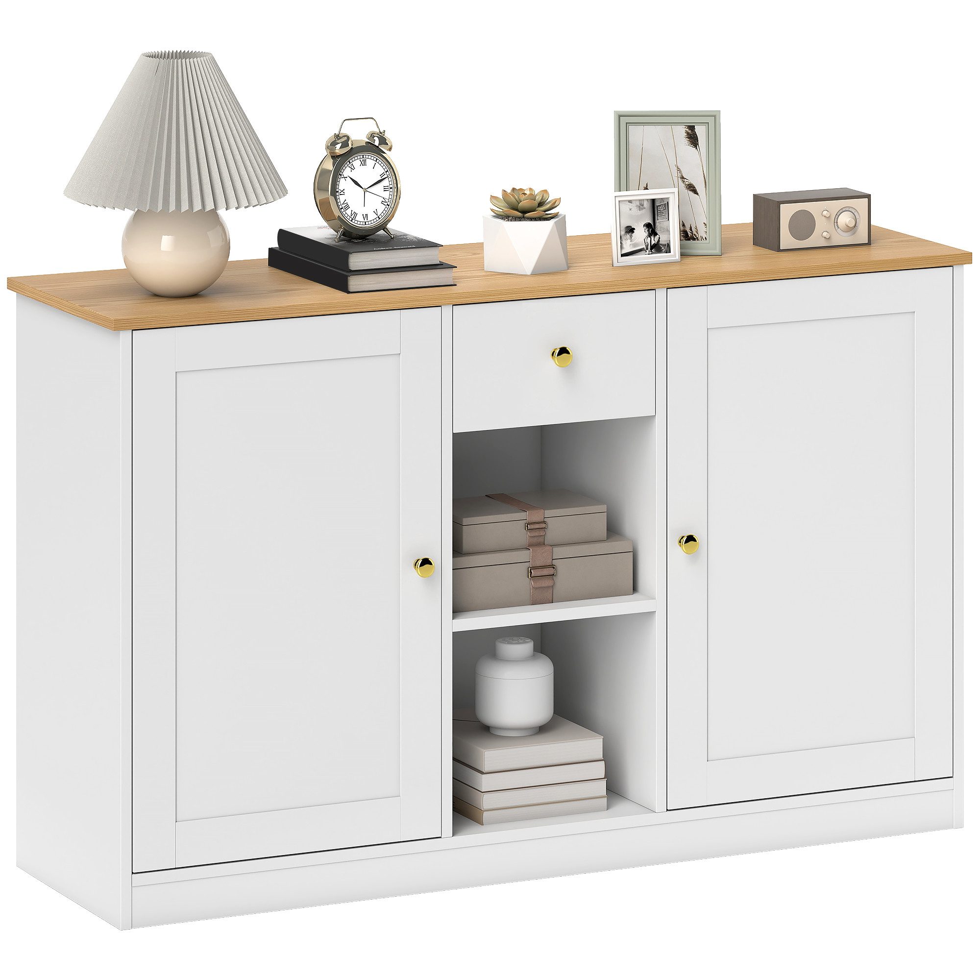 HOMCOM Sideboard Aufbewahrungsschrank mit Schublade, Küchenschrank für Küche (Kommode mit 2 Türen, 2 offenen Fächern, 1 St., für Wohnzimmer, Flur), 120 x 35 x 7 – Bild 2 von 5