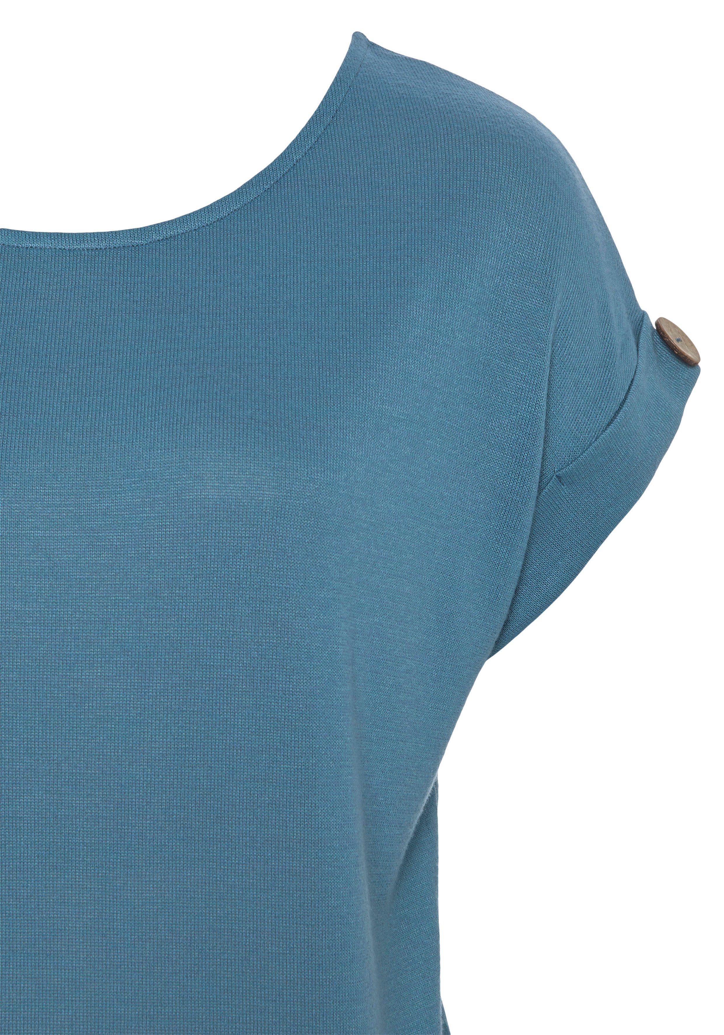 LASCANA T-Shirt (Packung, 1-tlg) mit am blau Knopf Ärmelsaum