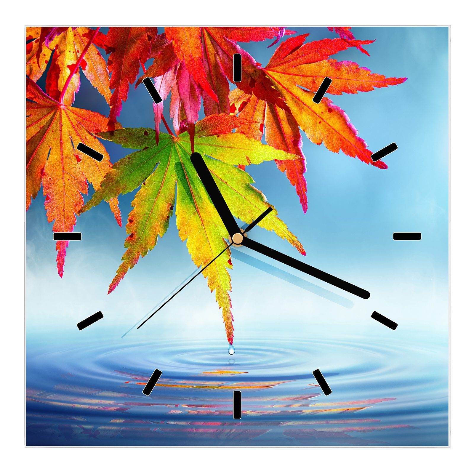 Primedeco Wanduhr Glasuhr Motiv cm 30 Größe x am Herbstblätter Wasser Wanduhr Wandkunst 30 mit