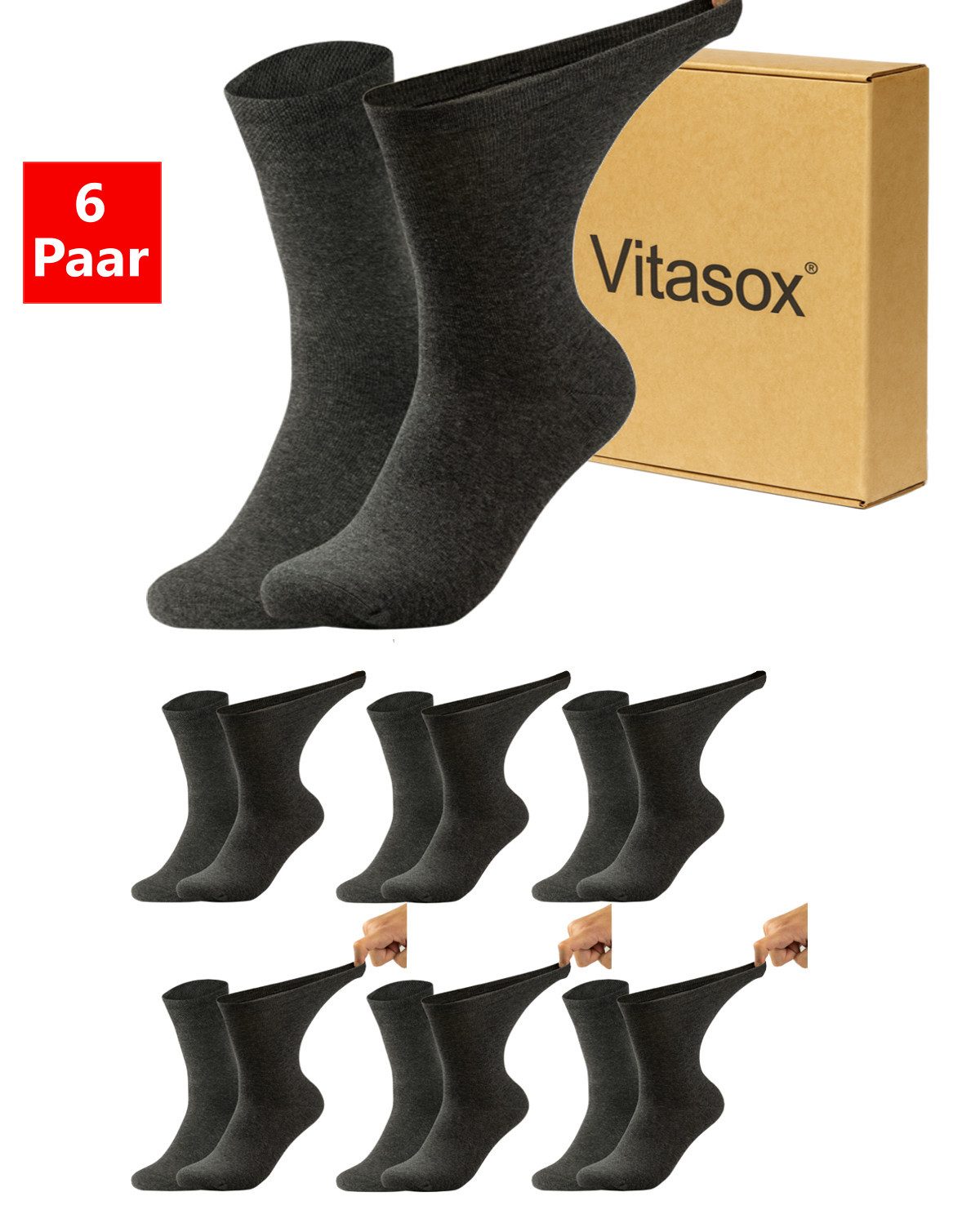 Vitasox Diabetikersocken für Damen - Gesundheitsstrümpfe ohne Einschneiden und Abdrücken (6-Paar) mit weichem und dehnbarem Komfortbund