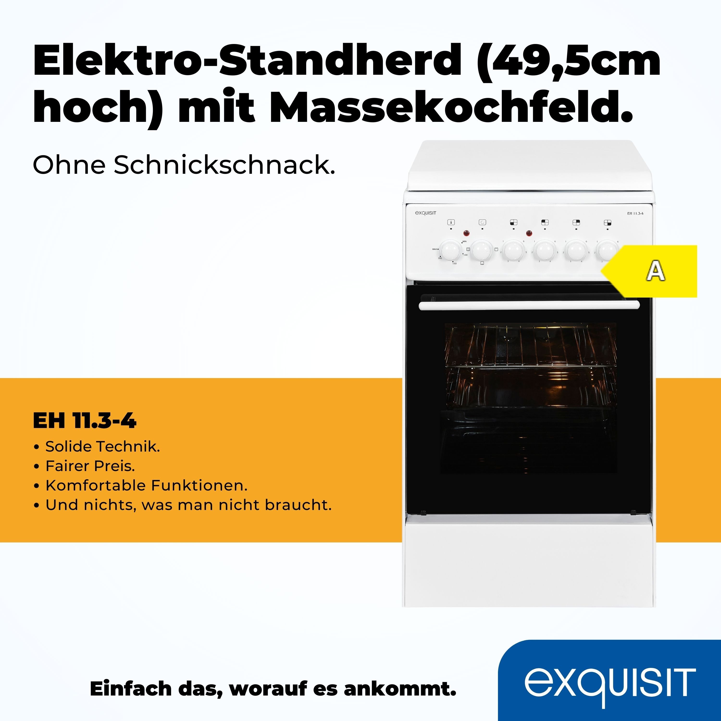 exquisit Elektro-Standherd EH 11.3-4, Ober- / Unterhitze, Massekochfeld, inklusive Grillrost