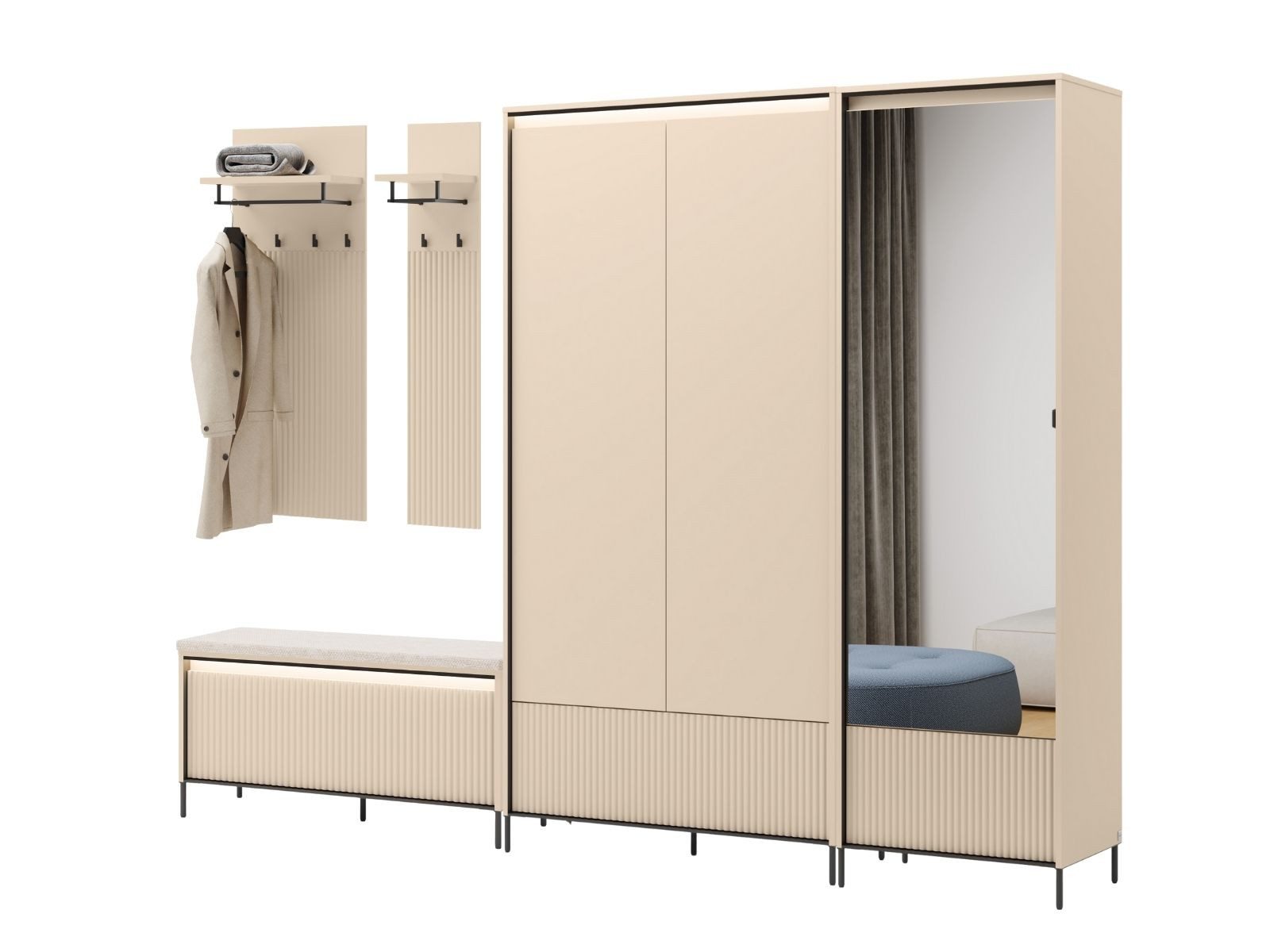 Compleo Garderoben-Set 2x Schrank, Sitzbank, Kleiderbügel FLORE, Flur Set mit Lamellen beige