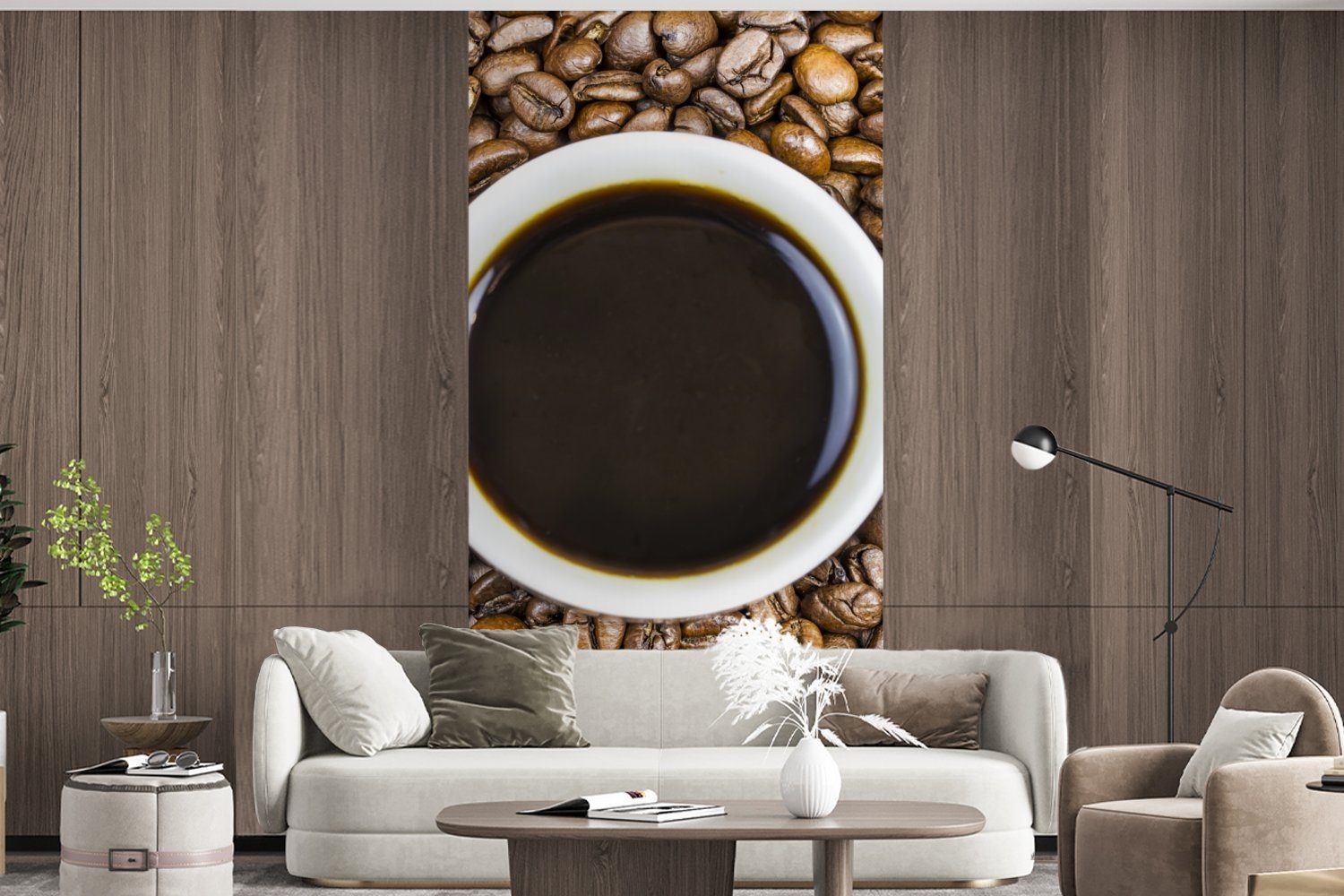 MuchoWow Fototapete Eine Tasse St), umgeben, von Schlafzimmer bedruckt, Wohnzimmer Kaffeebohnen Küche, für Matt, Kaffee (2 einem Fototapete Haufen Vliestapete ist