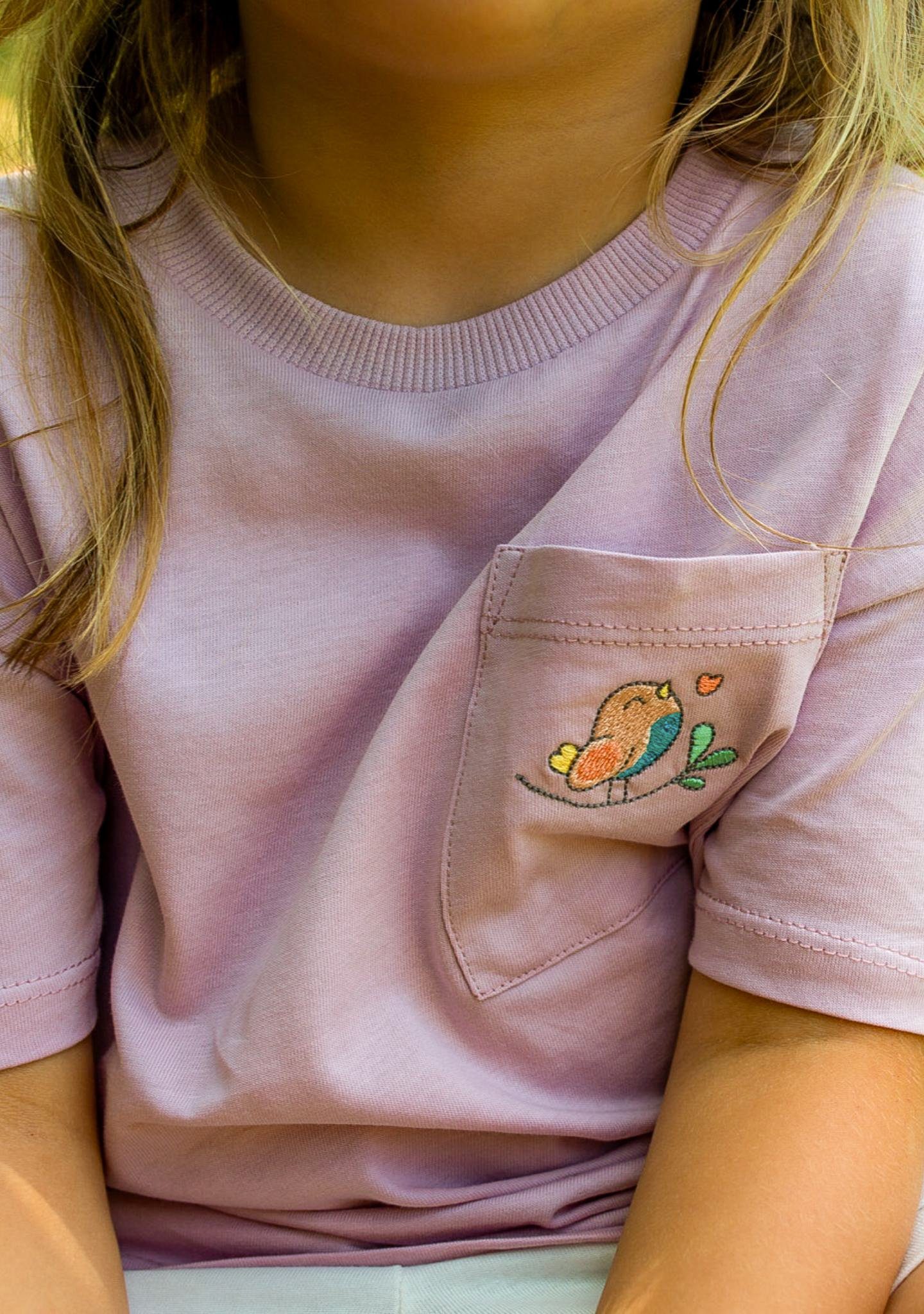Baumwolle, T-Shirt mit Noah's Baumwolle in 100% für aus Kinder Flieder Ark Unifarbe Shirt Brusttasche