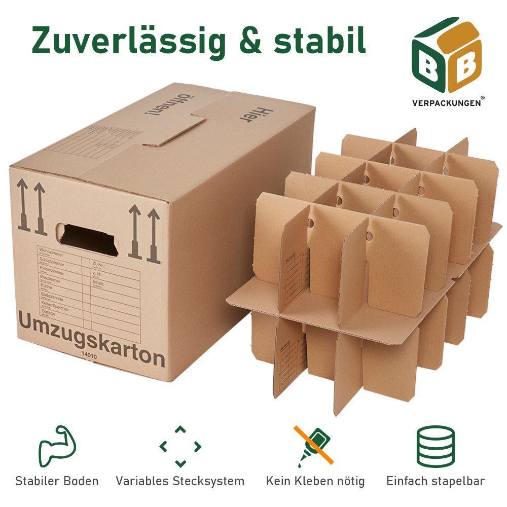 BB-Verpackungen Umzugskarton Gläserkarton inkl. Einsatz für 30 Gläser, 2-wellig, 600 mm x 330 mm x 340 mm, 15 Stück