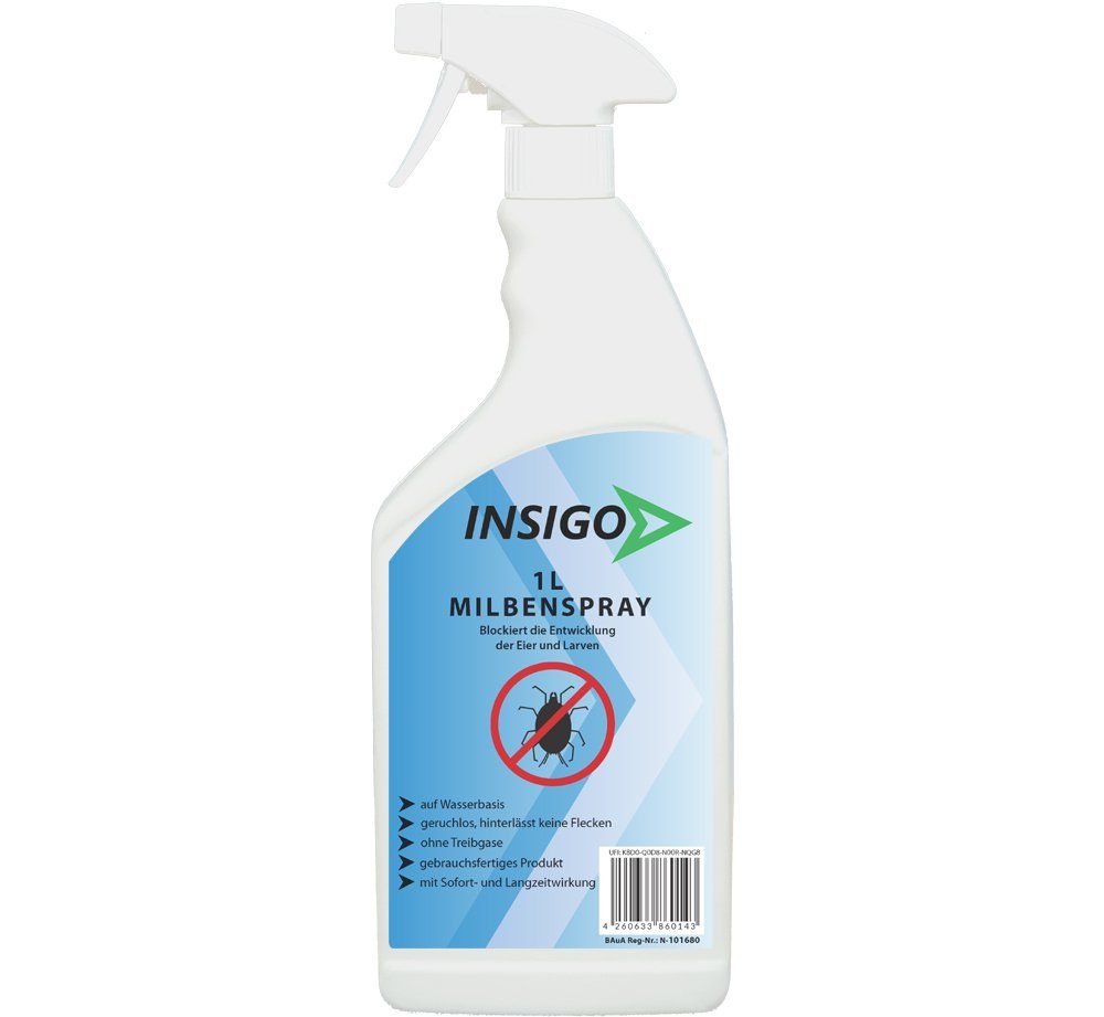 INSIGO Insektenspray Anti Milben-Spray Milben-Mittel Ungezieferspray, 1 l, auf Wasserbasis, geruchsarm, brennt / ätzt nicht, mit Langzeitwirkung