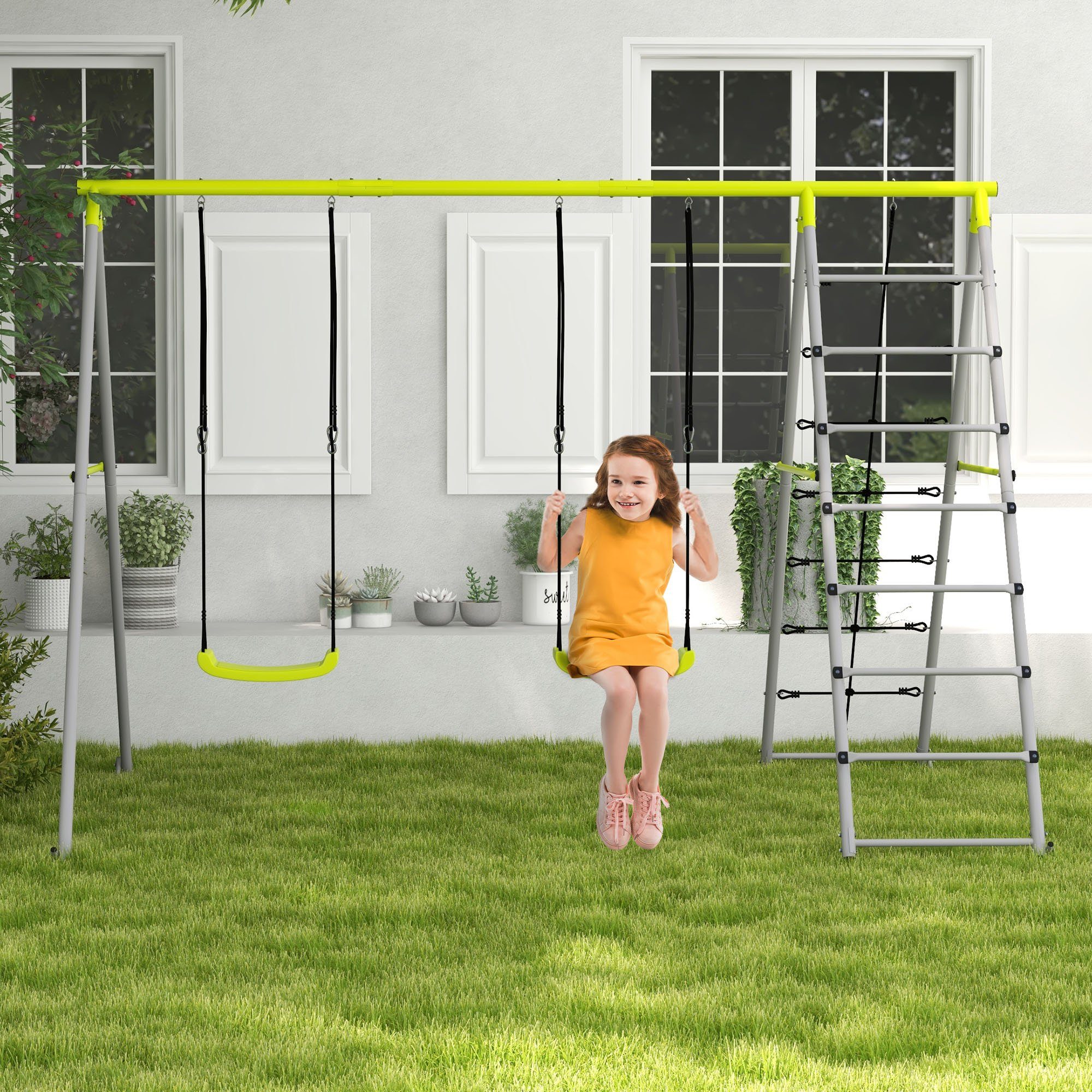 Outsunny Einzelschaukel Kinderschaukel-Set Schaukelgerüst mit Kletternetz, günstig online kaufen