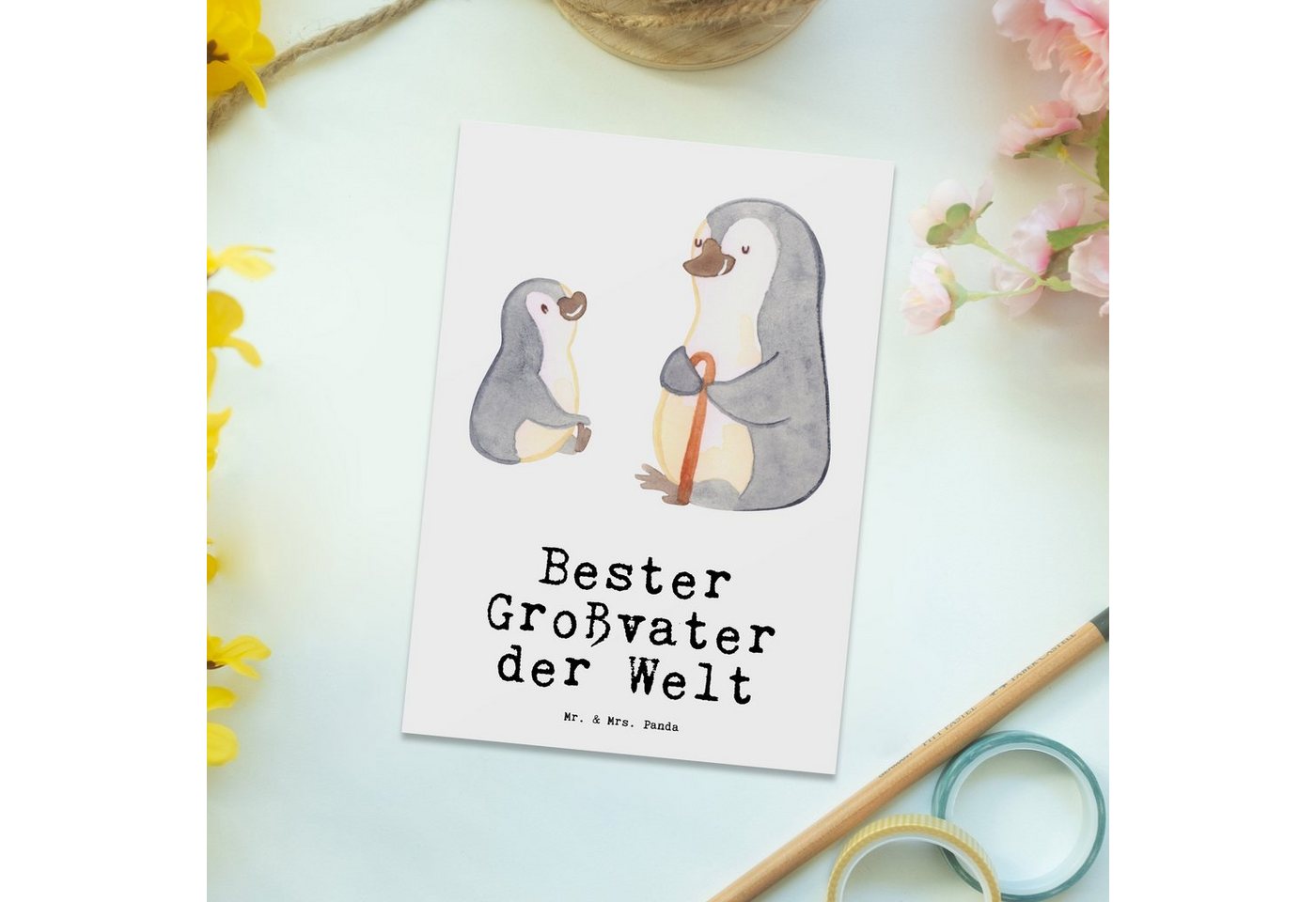 Thumbnail - Mr. & Mrs. Panda Postkarte Pinguin Bester Großvater der Welt - Weiß - Geschenk, Bedanken, Geburt, Liebevolles Design