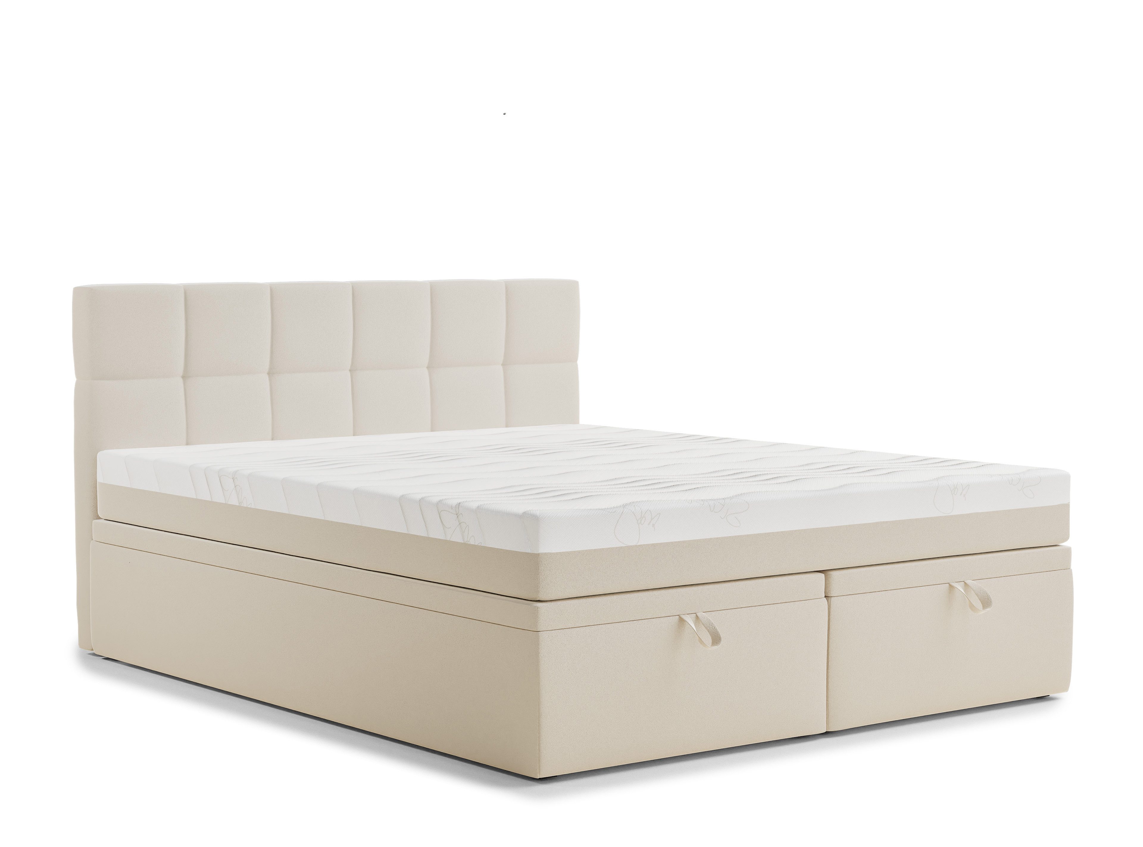 Maison de Rêve Boxbett Gotu S mit Bettkasten (Boxbett mit Matratze mit Stauraum und Kopfteil), Boxspringbett mit Matratzen H3, Doppelbett mit Stauraum, Kopfteil