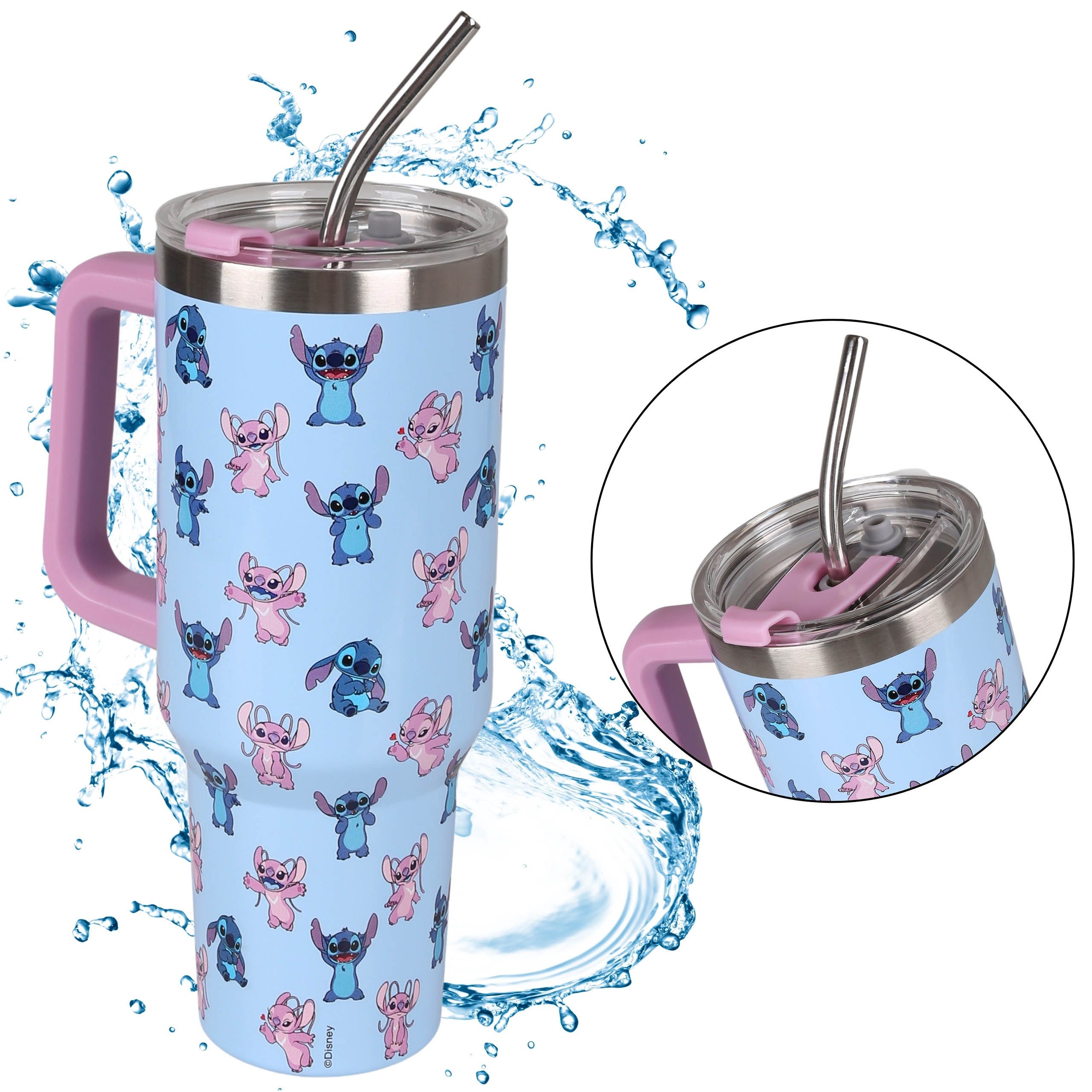 Dekobecher Disney Stitch and Angel,Thermobecher,Deckel,Metallstrohhalm,1,18l