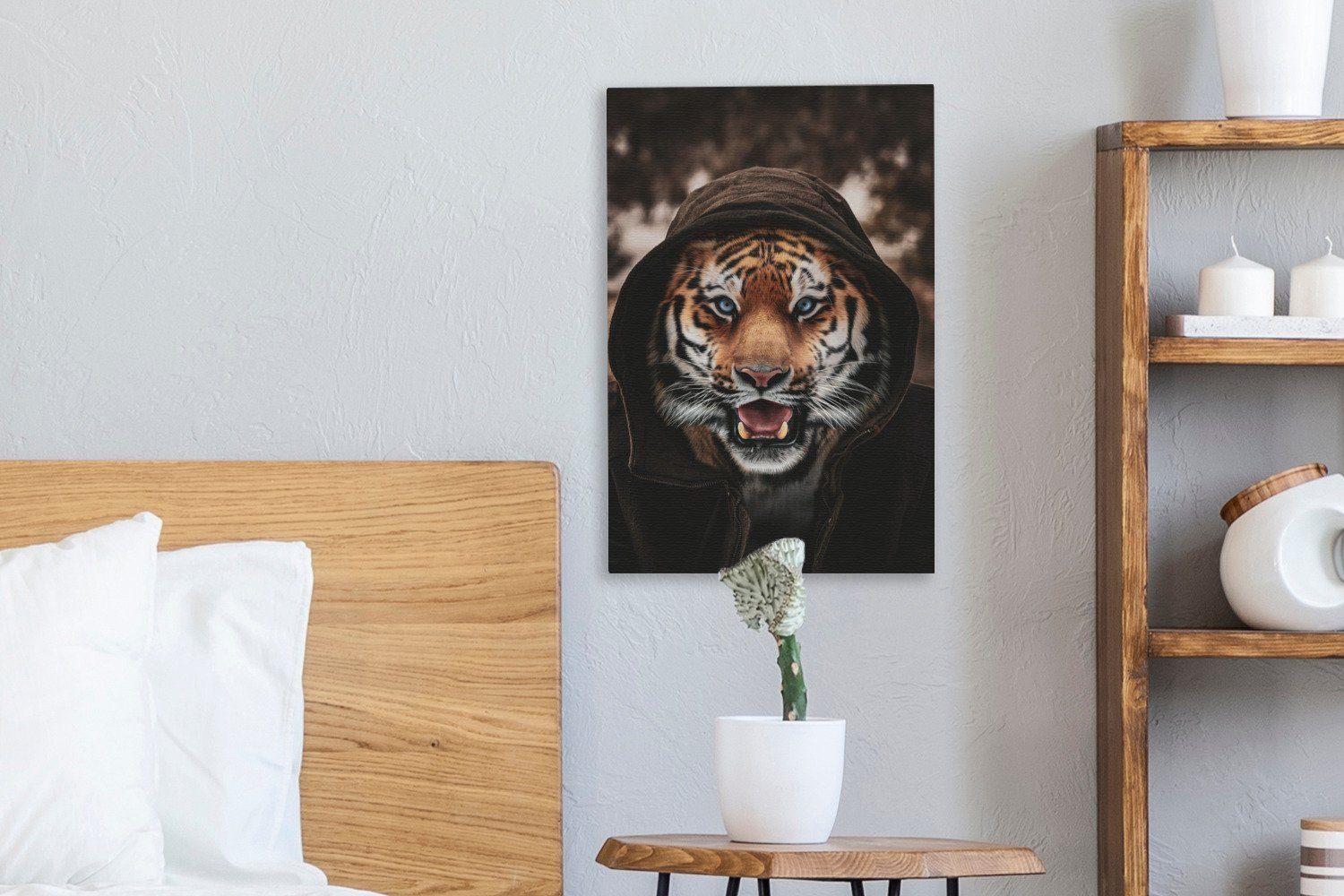 Tiger Leinwandbild 20x30 Gemälde, St), mit cm (1 Zackenaufhänger, OneMillionCanvasses® Leinwandbild Kapuze, bespannt inkl. fertig